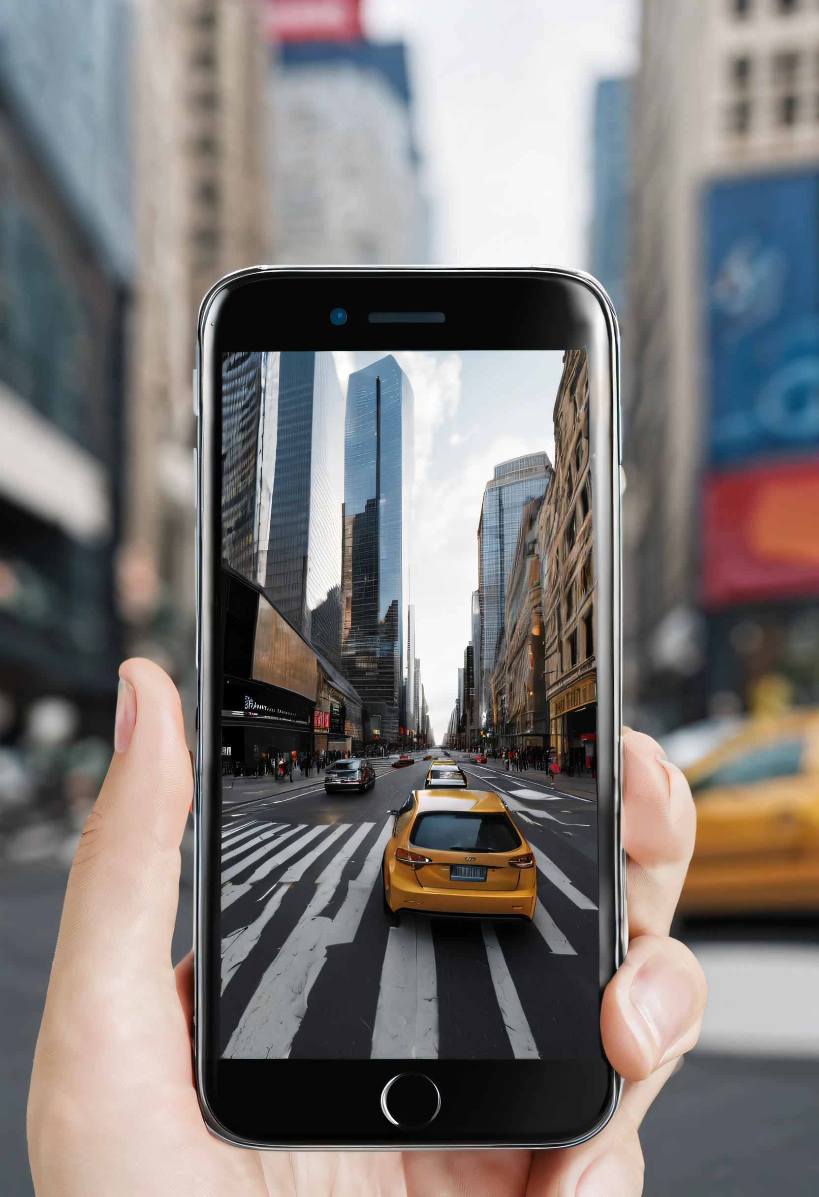 (best quality,4k,8k,highres,masterpiece:1.2),ultra-detailed,(realistic,photorealistic,photo-realistic:1.37),close-up shot of a smartphone,meticulously depicting every tiny texture and metallic feel on its surface,realistically showcasing reflections and refractions of the surrounding environment. The background depicts a city street in a modern urban setting, with tall buildings, pedestrians, and traffic visible through the smartphone lens. The composition employs a low-angle perspective to emphasize the solitude and uniqueness of the smartphone amidst the hustle and bustle of the city.
