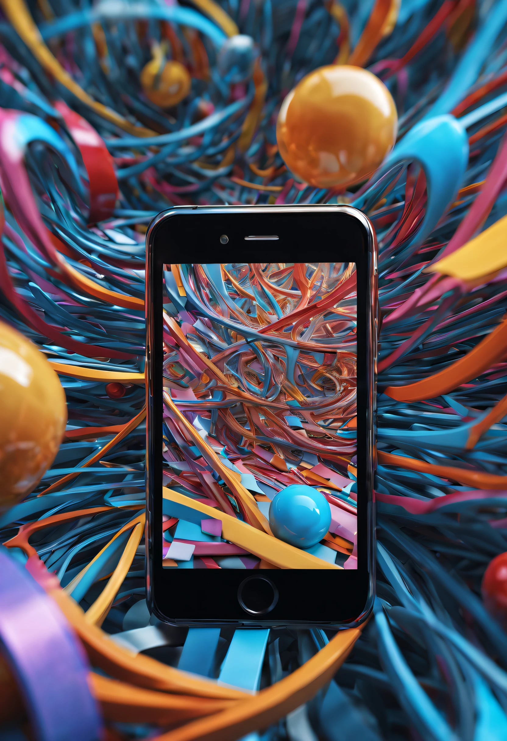 (best quality,highres,masterpiece:1.2),ultra-detailed,(realistic,photorealistic,photo-realistic:1.37),(vivid colors,contrasting colors),abstract,chaotic,energetic,close-up shot of a mobile phone,tension-filled,mind-bending composition with distorted and dynamic lines and shapes on the surface of the phone,cracked and fragmented lighting and visual effects creating an illusionary spatial perception,an abstract, chaotic world as the background environment,extreme close-up perspective, the phone exhibits a twisted form, providing a strong sense of impact and shock.