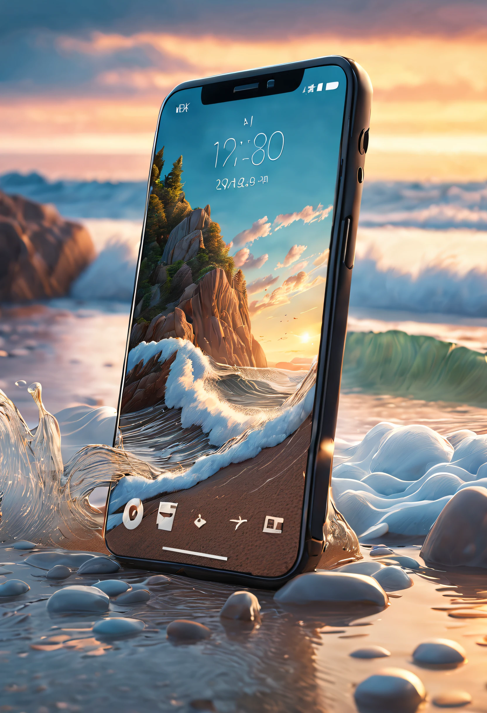 (best quality,4k,8k,highres,masterpiece:1.2),ultra-detailed,(realistic,photorealistic,photo-realistic:1.37),close-up shot of a phone, intricate surface details with delicate patterns and textures, realistic lighting effects that showcase reflections and refractions of the surrounding environment, vibrant and layered colors. The background presents a faintly visible beach scene with waves crashing against rocks, and a few ethereal clouds floating in the sky. The composition adopts a high angle perspective, placing the phone at the bottom of the frame, creating a sense of detached beauty and solitude.