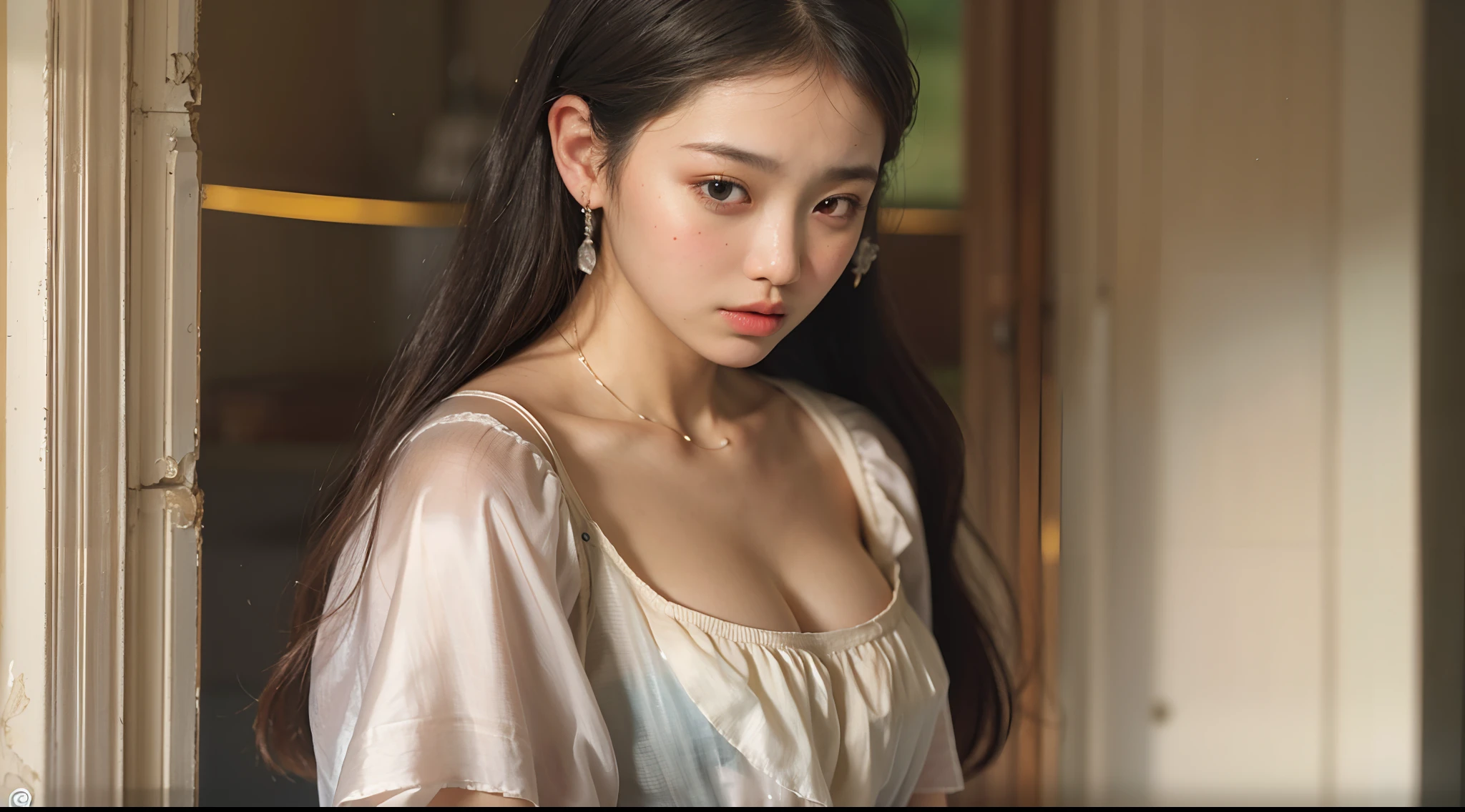 solo,  stand in the kitchen,  a malay girl, milk falls on the chest area of the shirt,  (delicate illustration:1.4), (renaissance art:1.4),  (masterpiece:1.0), (best quality:1.4), (ultra highres:1.2), (photorealistic:1.4), (8k, RAW photo:1.2), (soft focus:1.4), (18yo:1.3), (sharp focus:1.4), detailed beautiful face