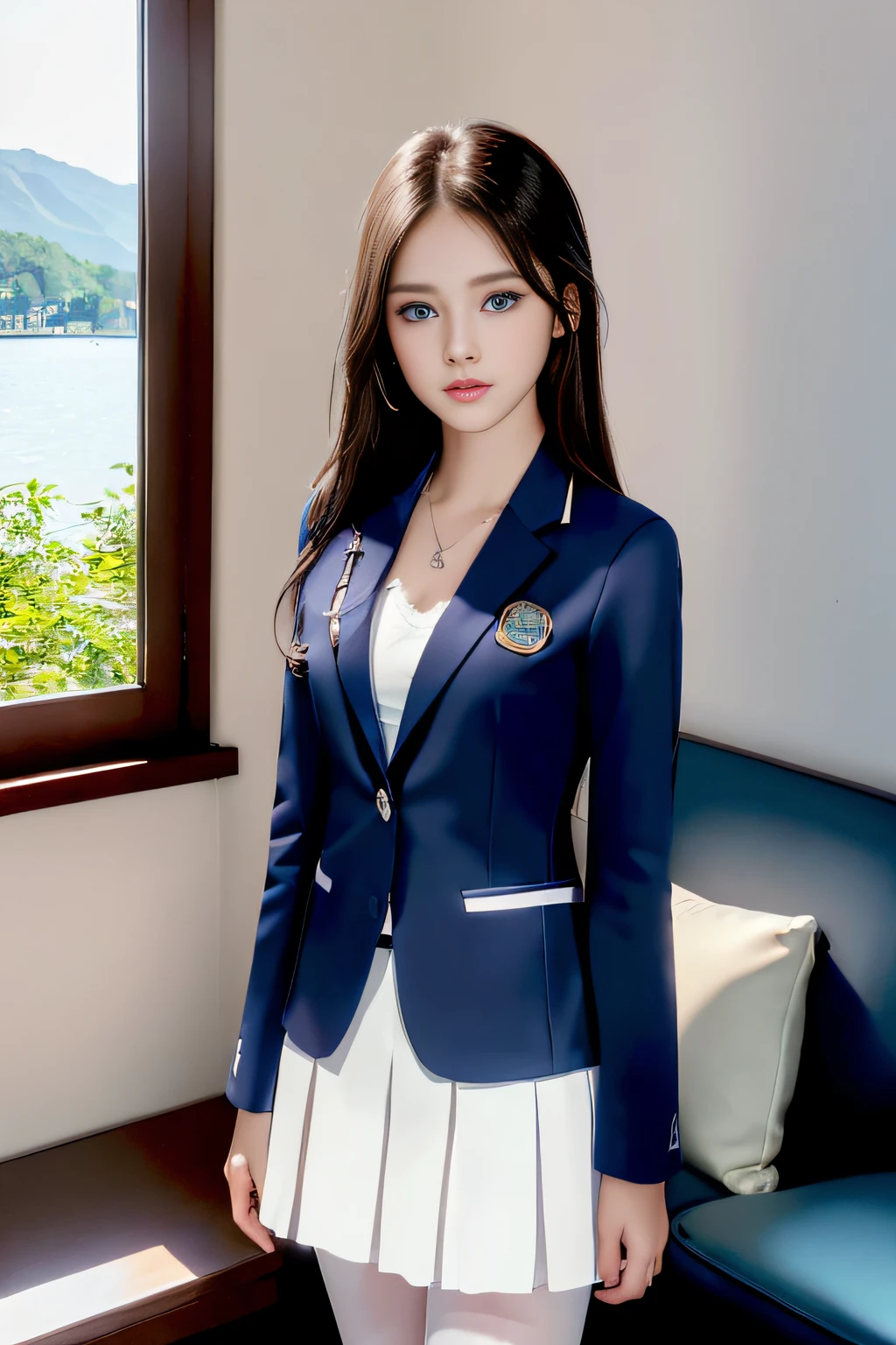 best qualtiy，tmasterpiece，hight resolution，1girll，dingdall effect，realisticlying，edge lit，two tone lighting，（highdetailskin：1.2），8K UHD，pure，Dolce，flowers background，Colorful background，Based on physical rendering，Perfect Light and Shadow，extreme hight detail，Pink tones，eye reflections，Raised sexy，perfect bodies，Superb Beauty，largeeyes，long eyelasher，Delicate eyes，(blue eyess）、big shiny eyes，Small pupil reflex，Shoulder and neck details，The texture of the pupil is delicate，Perfect eyes，black pupils，best qualtiy，tmasterpiece，16 K，a picture，head portrait，Bigchest，Medium size breasts，Delicate avatars,((Little girl sitting in a waiting room in a lakeside park)),((female students、校服),((Wet Navy Blue Blazer、Front opening、emblem on breasts))、）（Wet translucent white blouse）,(Black pantyhose),(Black loafers)、(Troubled face)、((White lace  is visible))