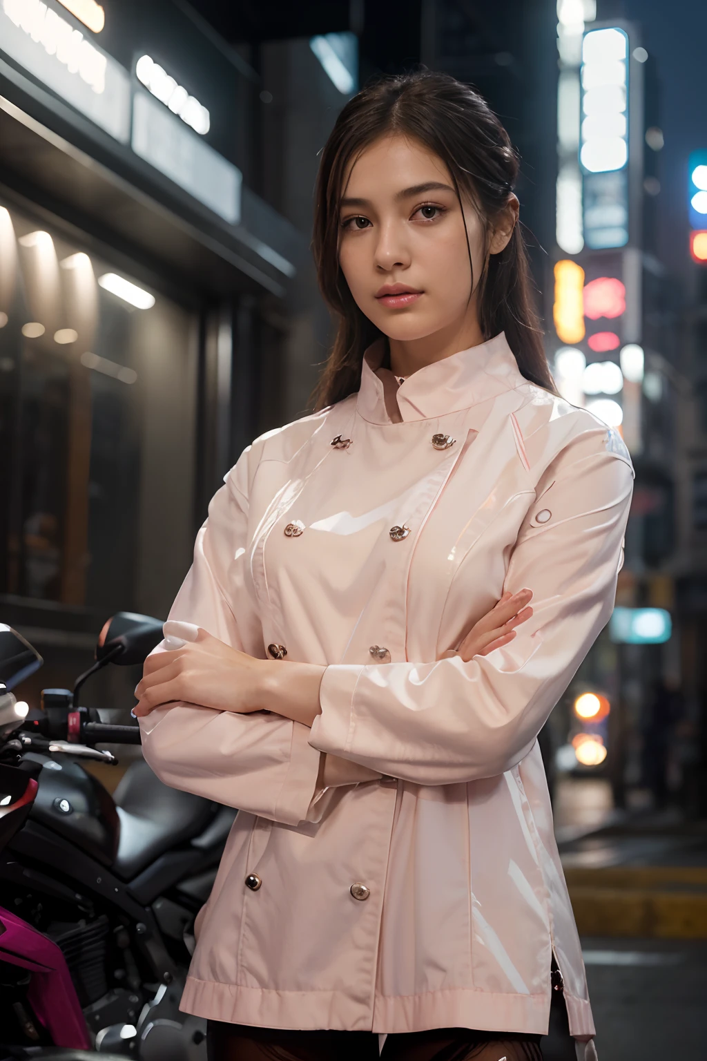 Highest image quality, outstanding details, ultra-high resolution, (realism: 1.4), the best illustration, favor details, highly condensed 1girl, with a delicate and beautiful face, dressed in a black and fuschia mecha, holding a directional controller, riding on a motorcycle, the background is a high-tech lighting scene of the future city
