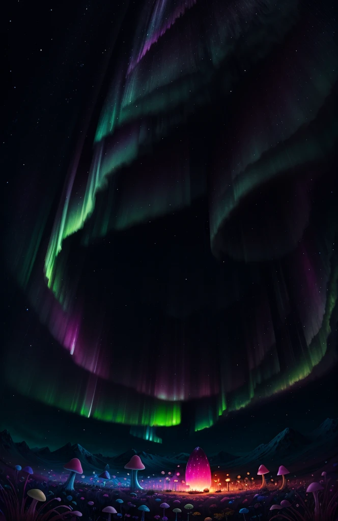 a cartoon so colorful sketch scenery a black sky with pink like, aurora lights to a alien like planet , yet with ailenlike plants like magical mushrooms and other plants