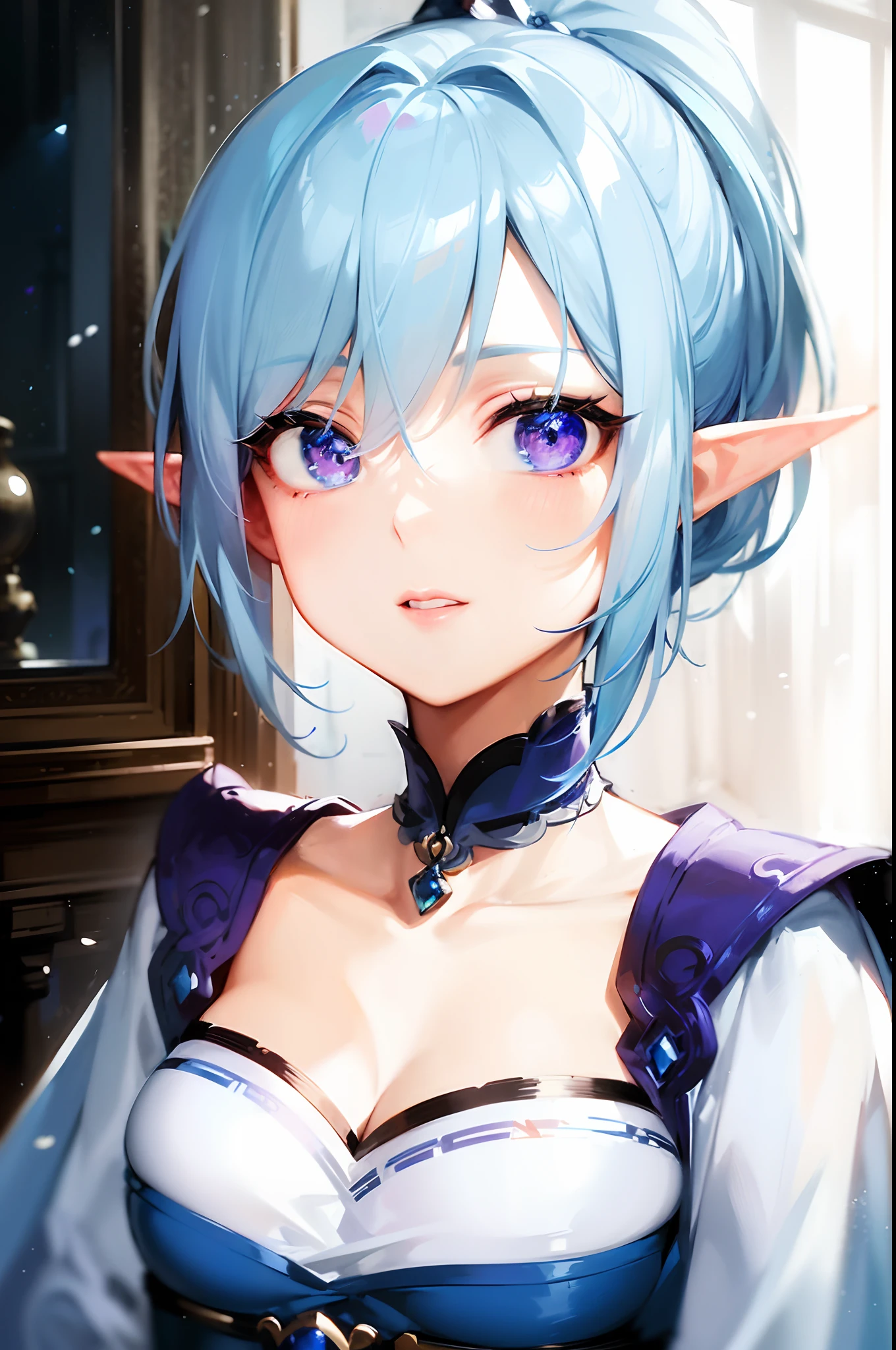 ((best quality)), ((masterpiece)), (detailed), perfect face, Highly detailed face, detailed eyes, Sharp focus A beautiful woman with perfect body, (In lingerie, sitting on the bed), (blue hair), ((medium hair)), dimly lit bedroom, longeyelashes, seductive smile, medium hair, crazy eyes, (devil pupils), pointy ears, snake hair ornament, illumination, Devil lady with goat horns