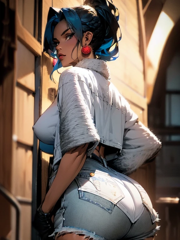 8k_wallpaper, extremely detailed eyes, extremely detailed body, (large masterpiece digital art), (detailed manga illustration), (detailed line art), ((perfect anatomy)), (intricate details:1.3), (ultra-detailed:1.3), (illustration:1.3), (sharp focus:1.3), (natural lighting:1.05), (vivid colors:1.3), (masterpiece), best quality, expressive eyes, perfect face, 1 girl, breasts, cleavage, gloves, huge breasts, casual clothes, white shirt, tee shirt, denim jacket, jacket, fur trim, detailed {{blue hair}}, medium hair, messy hair, (gray eyes), hourglass physique, black short, denim shorts, dynamic pose, huge ass, dynamic lighting,