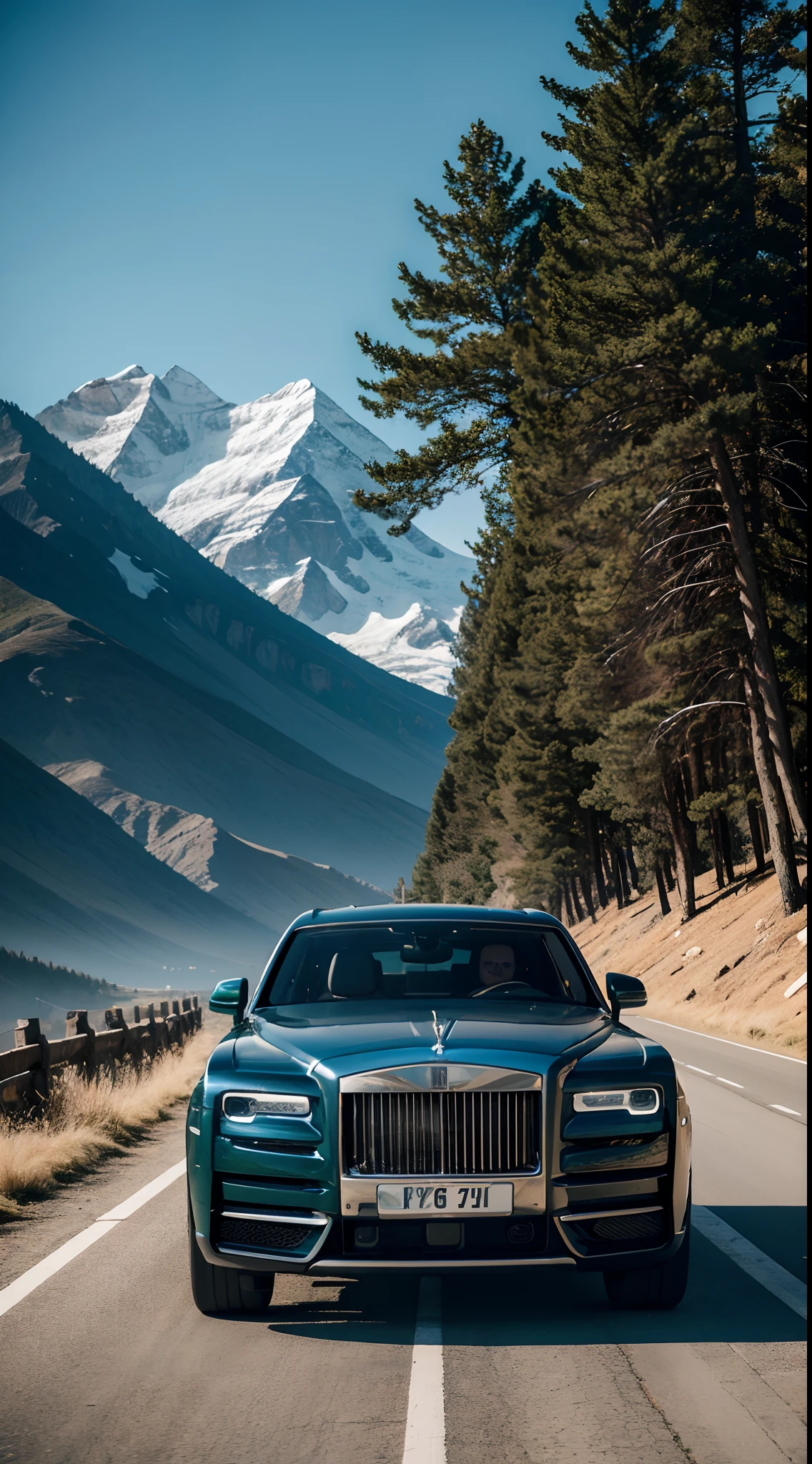 A Rolls-Royce Cullinan,The front of the body,professional photoshooting,k hd,4k,majestic mountain peaks(1.3),The tree(1.2),Speeding,Cyberpunk style