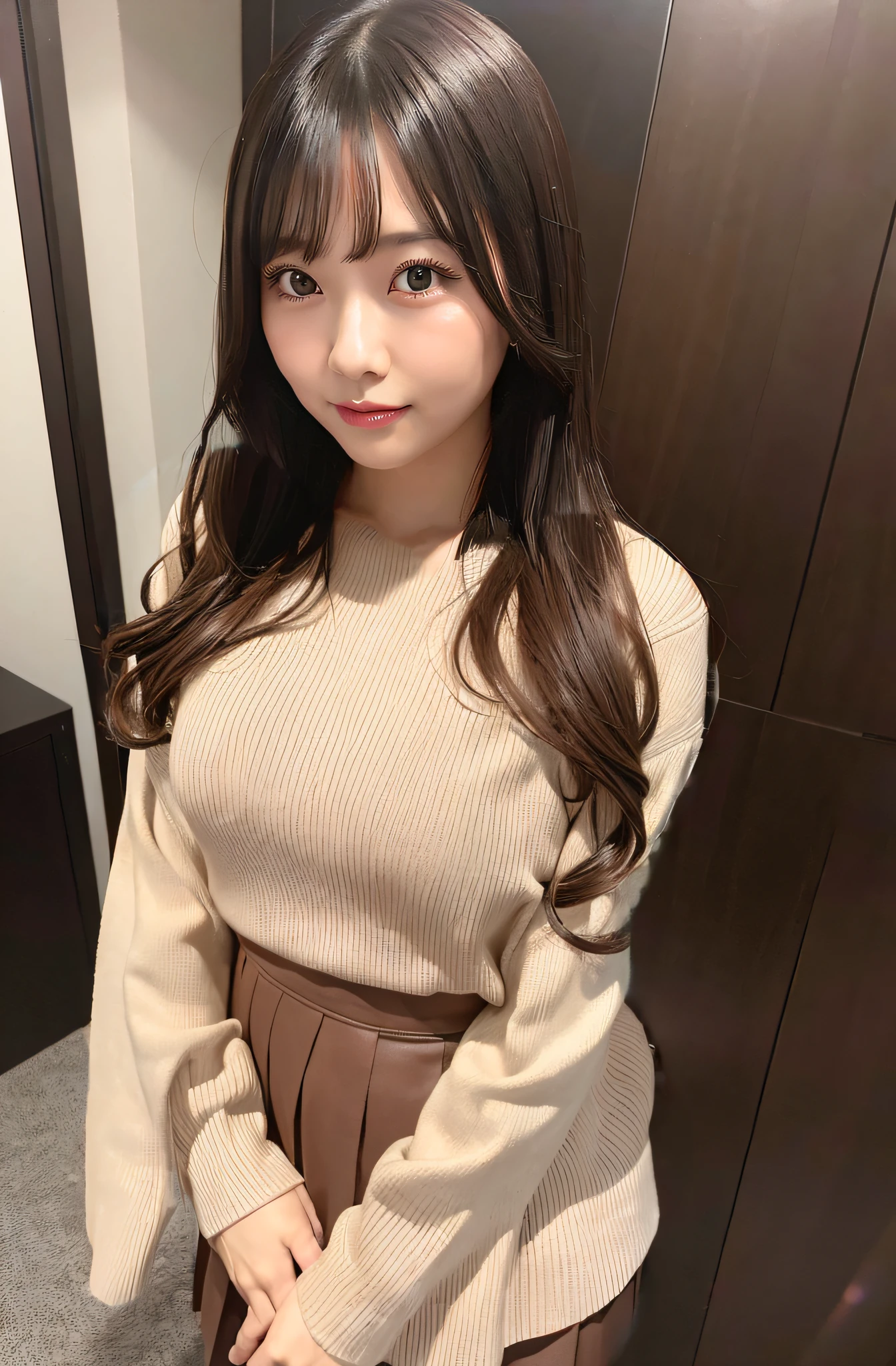 She wears a brown knit with long sleeves、She wears a navy pleated skirt