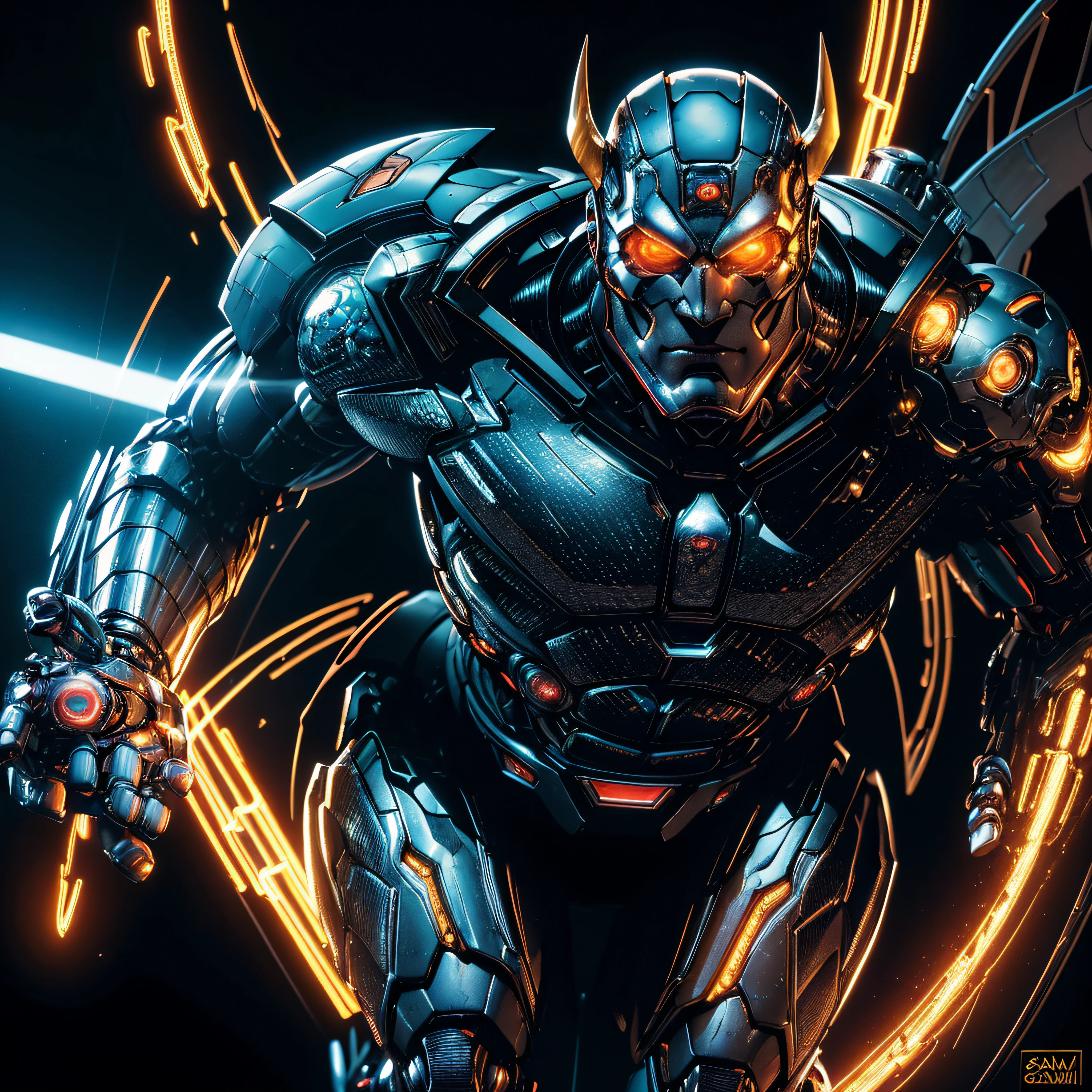 ((Best quality)), ((masterpiece)), (highly detailed:1.3), anatomically correct a bio mechanical cyborg superman made of black steel and gold, transparent body, (extremely detailed face, full body, look at viewer),carbon fiber texture, carbon fiber, soft bright background, shine, subsurface scattering, transparent, glow, bloom, jellyfish, coral, Bioluminescent liquid, volumetric light, tube, 3d style,cyborg style,Movie Still,Leonardo Style,cyborg,close up, portrait of a digital shaman, demon samurai mask, by Ray Shark