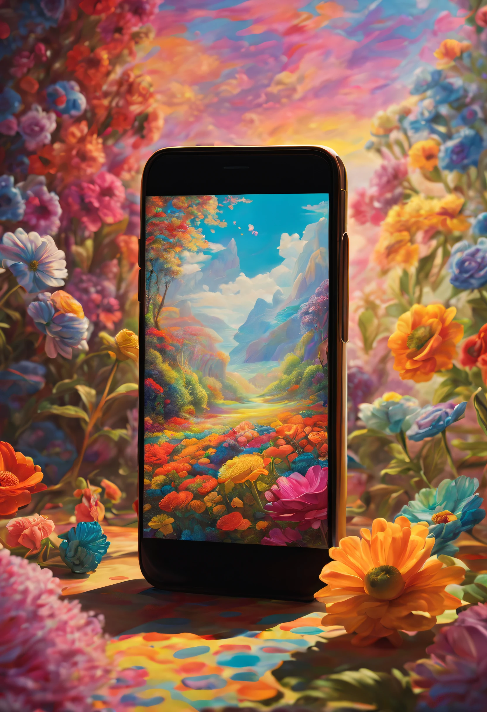 The prompt for Stable Diffusion should be as follows:
"rainbow-colored smartphone, retro-themed, immersed in a surrealistic oil painting, surrounded by blossoming flowers. The screen of the phone displays a vibrant rainbow light that beautifully complements the colors of the surrounding flowers. Sunlight filters through the petals, casting dappled shadows. The flowers are intricately detailed, creating a dreamy and ethereal atmosphere."
Tag: retro-themed, surrealistic, oil painting, rainbow-colored smartphone, blossoming flowers, vibrant, colorful, sunlit, dappled shadows, intricate flower details, dreamy atmosphere.