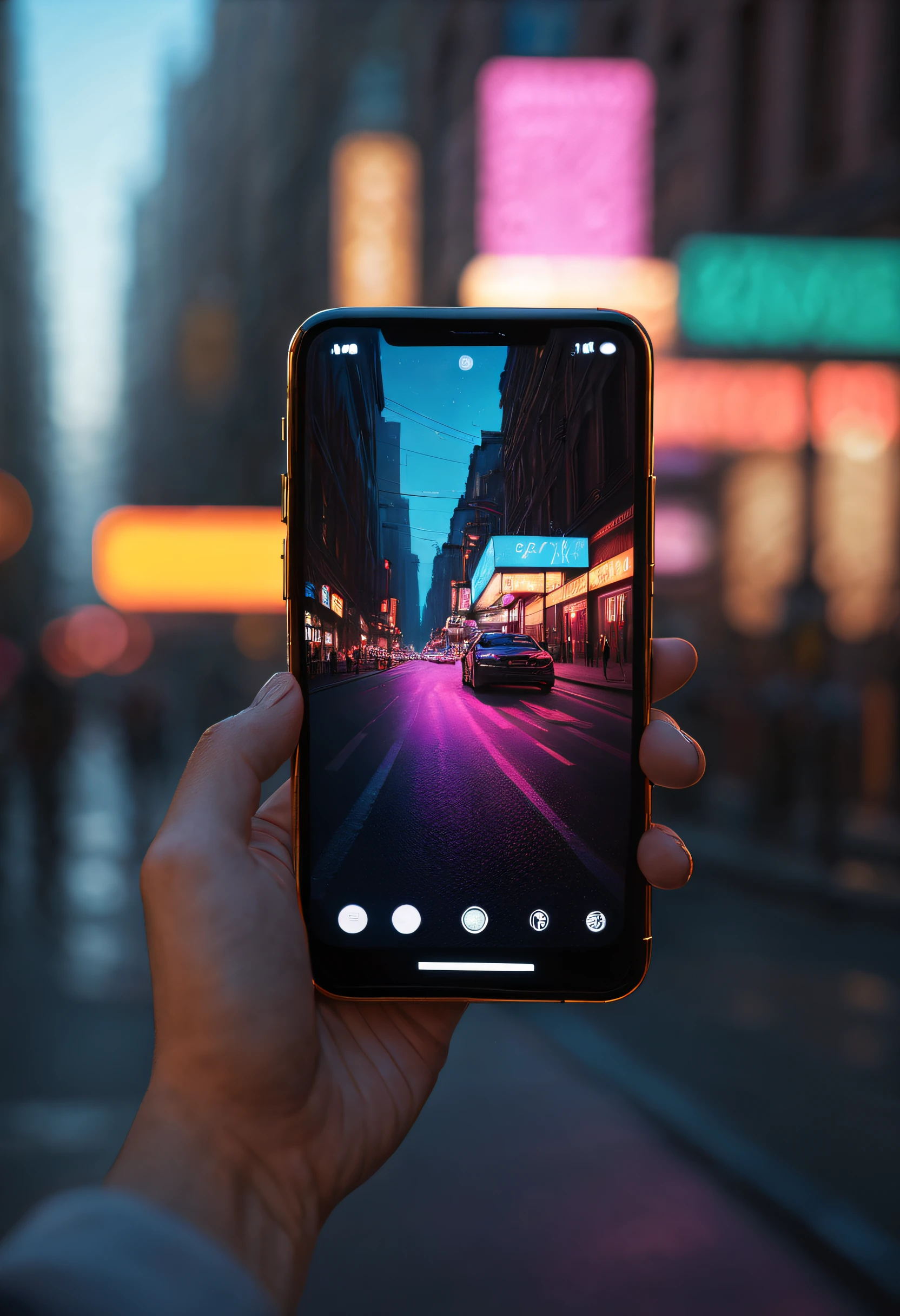 (best quality,4k,8k,highres,masterpiece:1.2),ultra-detailed,(realistic,photorealistic,photo-realistic:1.37),impressionistic,oil painting,close-up shot of a smartphone on a neon-lit street bathed in sunlight. The smartphone screen delicately reflects the colorful neon lights, while pedestrians hurriedly pass by on the street. The background buildings are softened, creating a blurry and abstract play of light and shadow, evoking a serene and dreamy atmosphere.