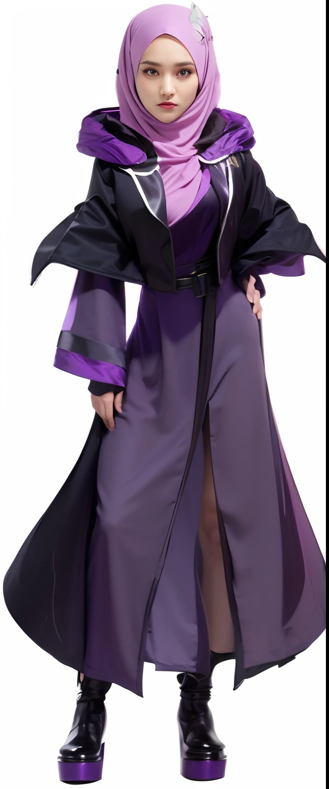 Arafed purple hijab girl wearing a purple and black costume, dark flowing robe, dark pruple robes, dark sorceress fullbody pose, wearing black and purple robes, wearing dark robe, full body purple cloak, dark robe, female disney villain, dark witch character, in dark purple robes, ((wearing aristocrat robe)), wearing flowing robes