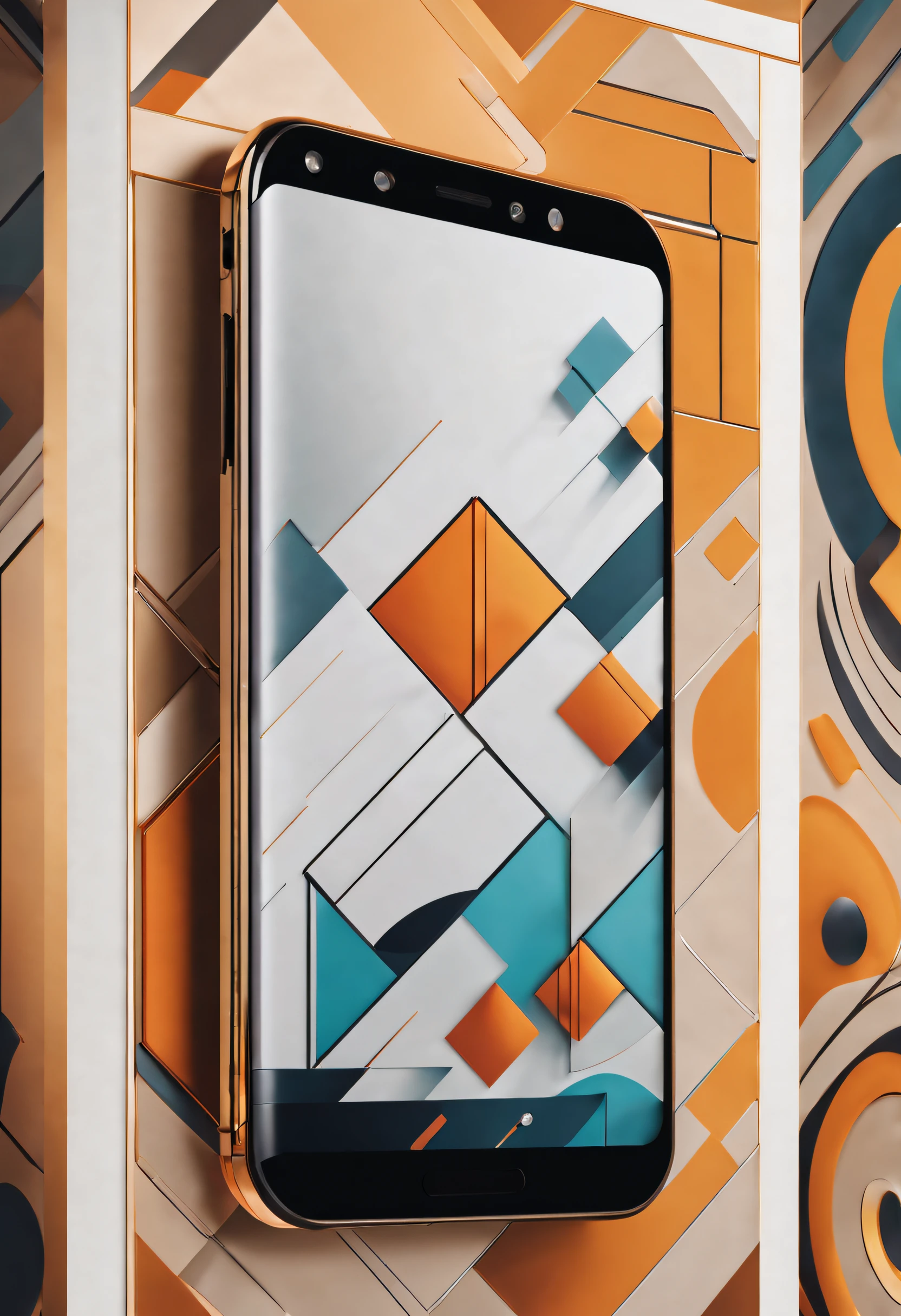 (realistic,highres,masterpiece:1.2),ultra-detailed,3D rendering,close-up shot of a smartphone,showcasing its intricate design and geometric patterns. The perspective effect and strong contrast create a unique sense of space for the phone in the composition. The lighting emphasizes the texture and three-dimensionality of the phone's surface, while maintaining a minimalist yet powerful aesthetic. The art style is inspired by cubism, with fragmented lines and shapes that add an abstract touch to the overall composition. The color palette is vibrant and dynamic, highlighting the phone's modernity and technological appeal. Studio lighting enhances the overall visual quality of the artwork, creating a realistic and immersive experience.