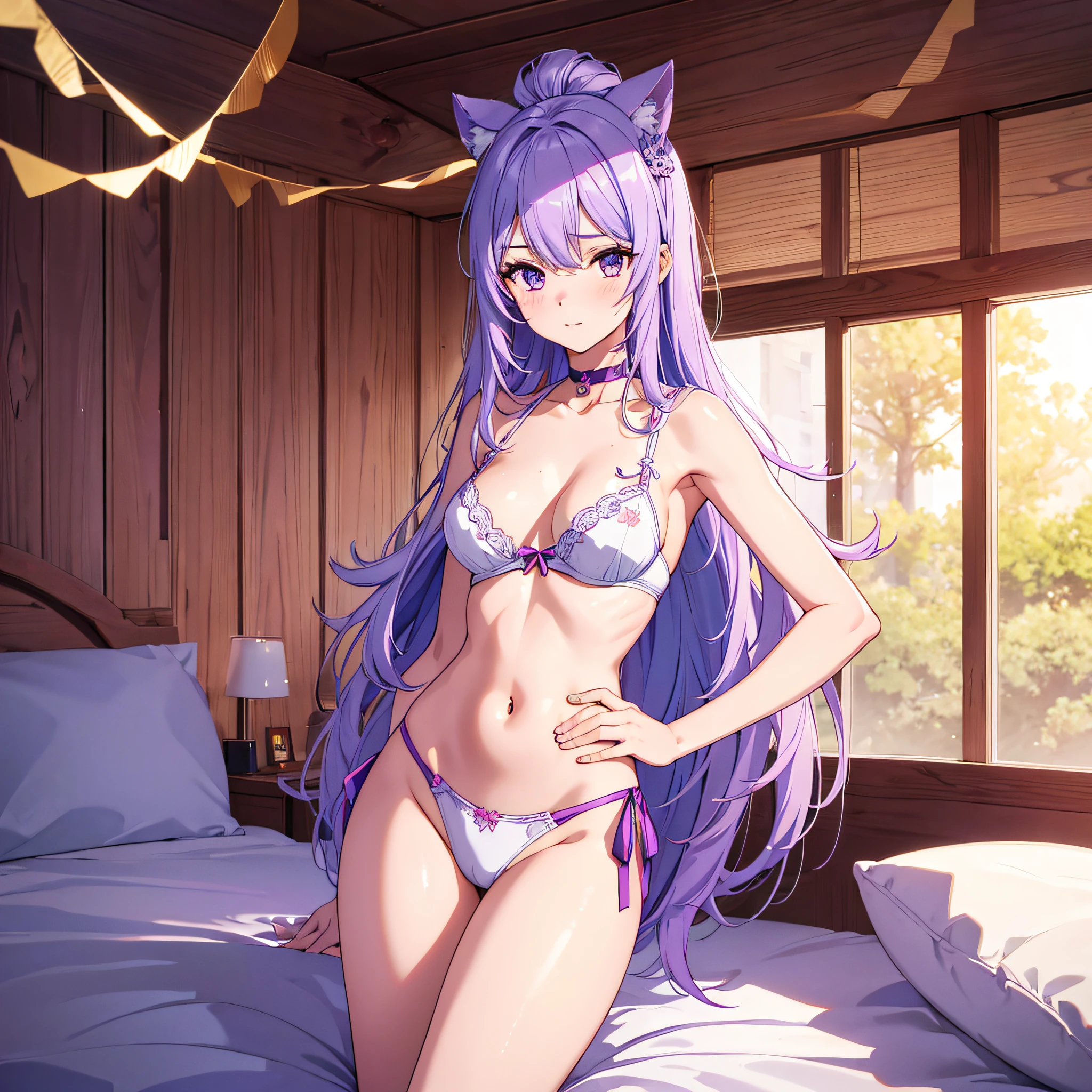 anime art style, hentai aethetic, (High resolution, Belleza Joven), Lavender hair, Micro Ropa Interior, lenceria, Aspecto suave grande, Puntas de claramente visible, Body lines are very sexy, Entrepierna abierta de par en par, La forma de las puntas del es claramente visible, areola visible, the pubic area is clearly visible, Entrepierna abierta de par en par, ropa interior mojada y pegajosa, en la cama, Cara perfecta, pose sexy, The best quality, Ultra detallado, (Manos perfectas, Perfect anatomy), Cara detallada, retrato, en la play,( detallado), fondo de pantalla CG 8k extremadamente detallado