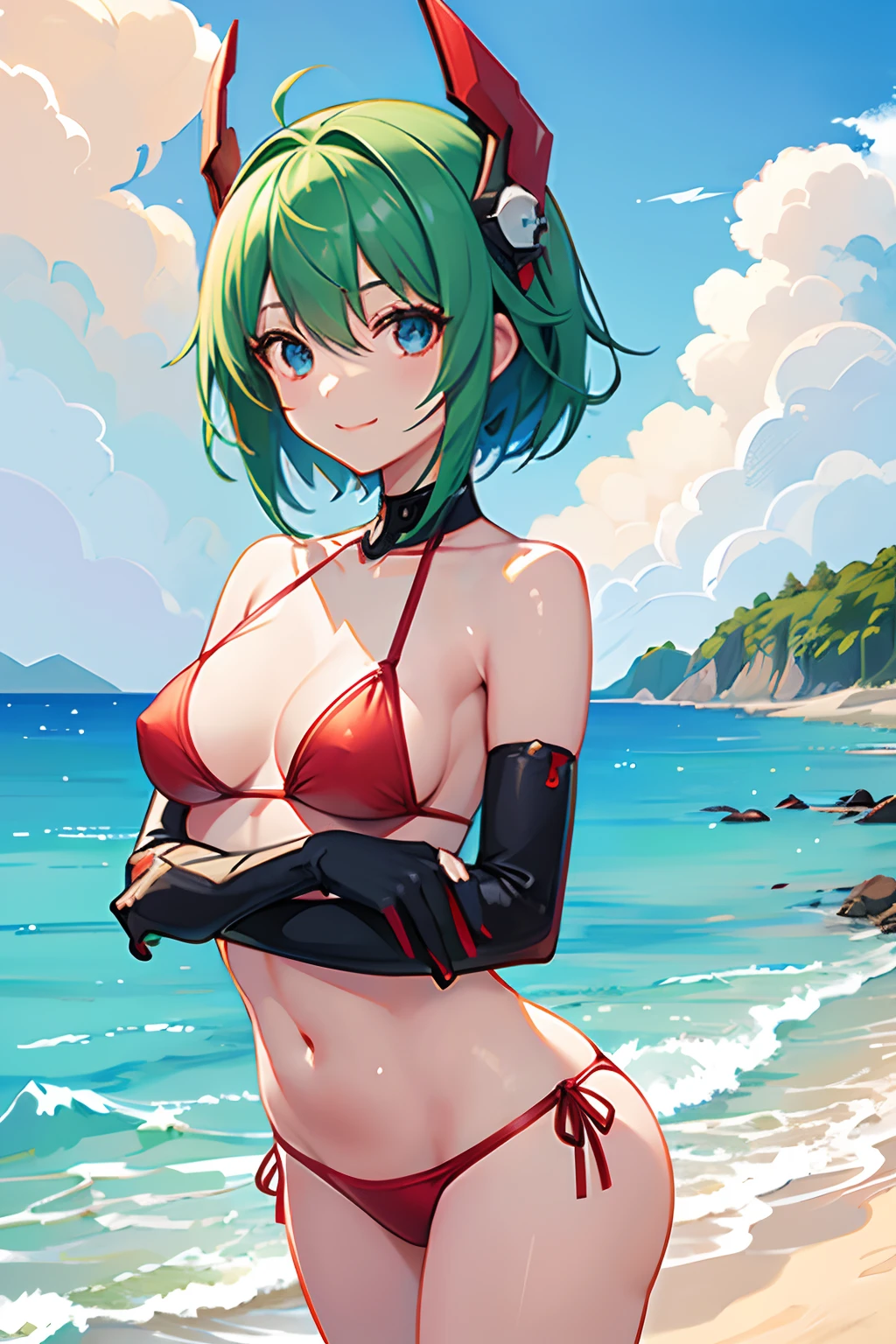 girl with、sea side、Frolic、Red Bikini、Green hair、Bob Hair、a smile、A delightful、masterpiece、top-quality、The ultra -The high-definition、Top resolution、ighly detailed、back lighting、Getting into the sea、pareo、mecha headgear, black elbow gloves