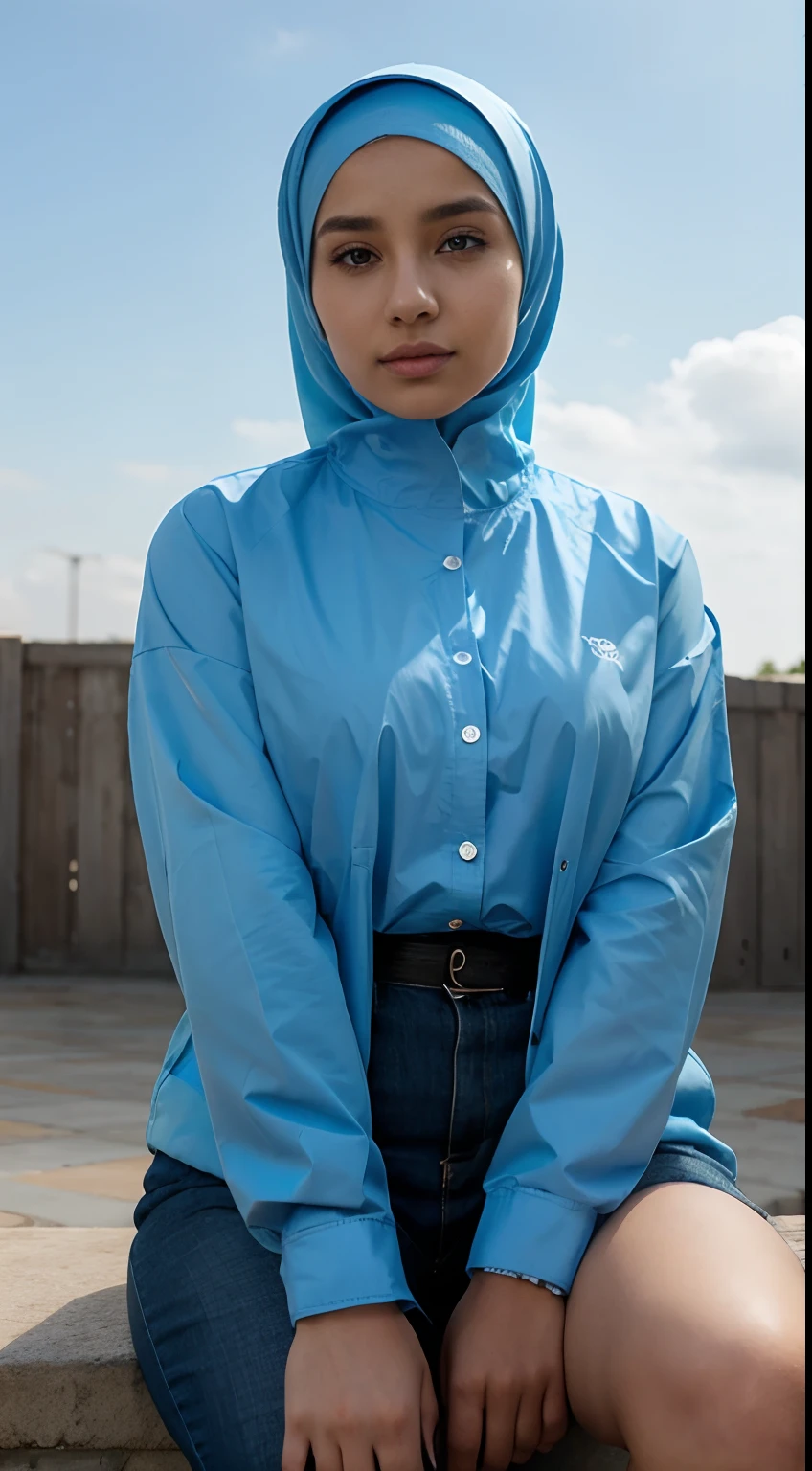 Beautiful woman wearing a hijab,Sitting, facing forward,Wearing a sky blue shirt and jacket