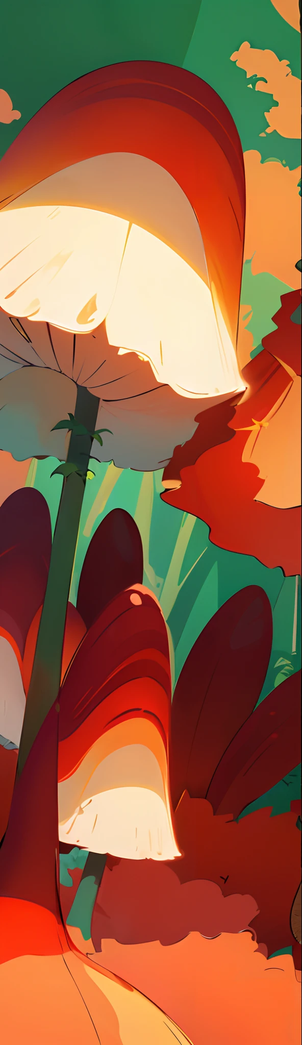 (anime style background, anime background illustration:1.3), (detailed, high quality, high resolution, masterpiece), a tall red mushroom and a short red mushroom, a shady jungle in the background,