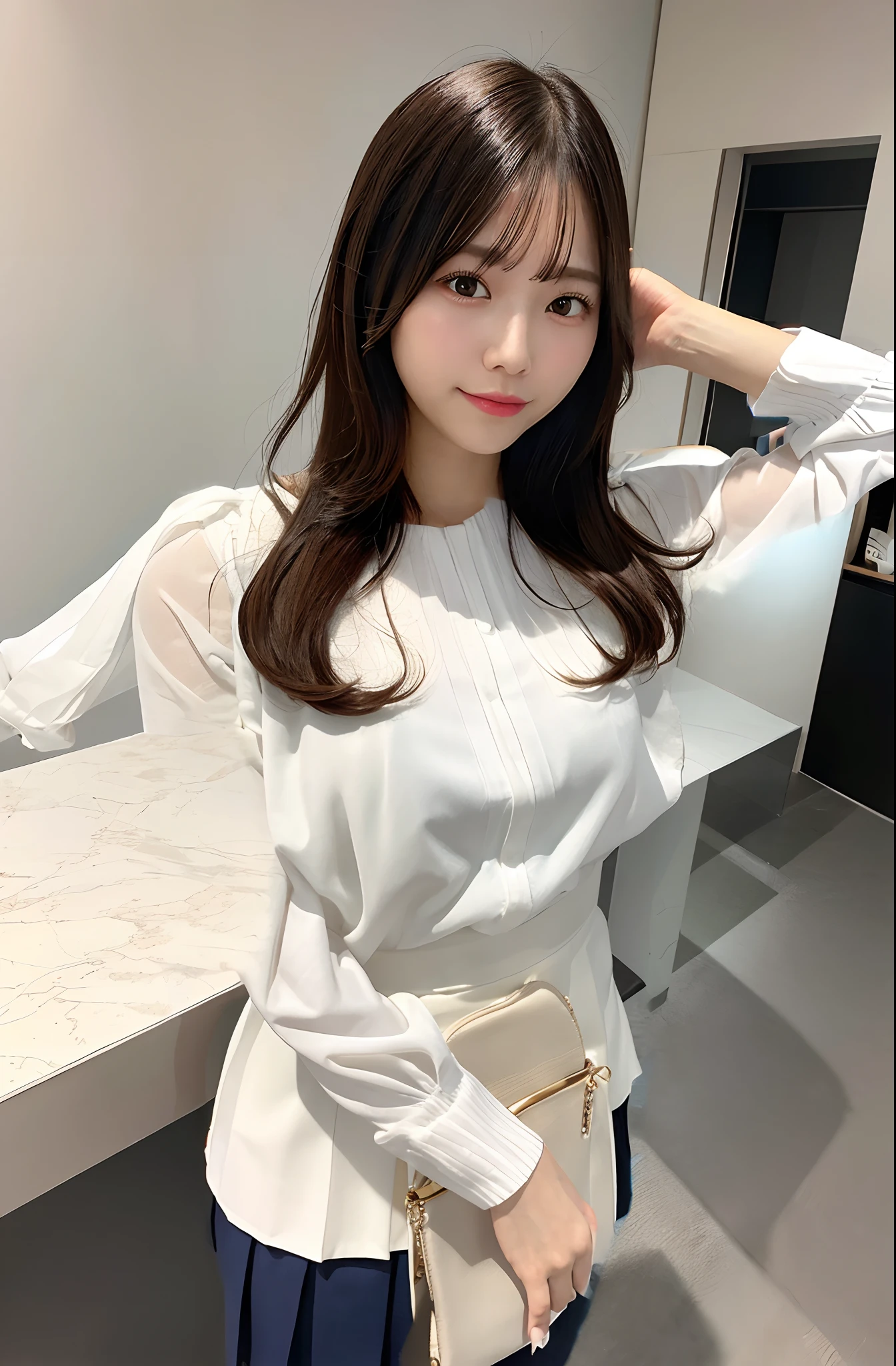 Wearing a white blouse with long sleeves、She wears a navy pleated skirt