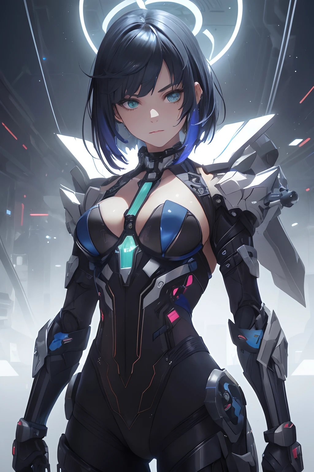 light particles, halo, (bioluminescent:0.95), bioluminescent, piercing glare, vibrant, (((colourful))), color, (glowing, glow), reflection light, depth of field, from behind, multiple views, delicated best quality, (((masterpiece))), ((best quality)), ((ultra-detailed)), (CG illustration), (an extremely devious and beautiful)), cinematic light, ((1 mechanical girl)), (white, blue hair), (short hair), (green eyes), (purple lips), (absurdly large silver robe), single, full, mechanical halo,star halo,intricate mechanical bodysuit, mecha corset, (full armor: yalow and white), (machine-made joints: 1.4), ((mechanical limbs)), ( blood vessels attached to the tube), ((mechanical spine attached to the back)), ((mechanical cervical vertebrae attached to the neck), ((combat stance)), expressionless, (wires and cables attached to the head and body: 1.5), (character focus), science fiction, apocalypse, glow, (full shoot body:1.1)