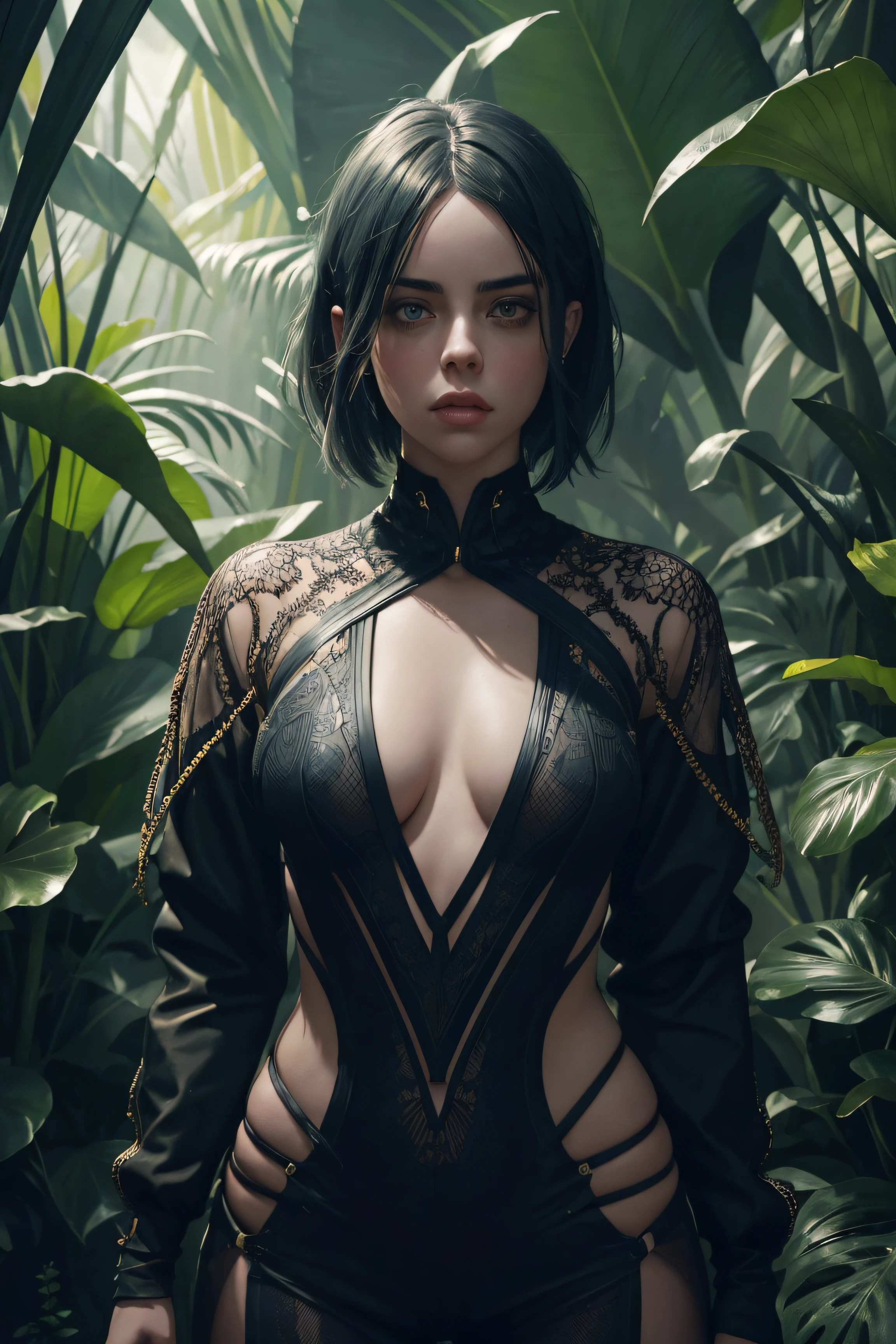 Billie Eilish, wearingelegant sexy clothes, standing inside a jungle, character portrait, 4 9 9 0 s, short hair, intricate, elegant, highly detailed, digital painting, artstation, concept art, smooth, sharp focus, illustration, art by wlop, charlie bowater and alexandra fomina