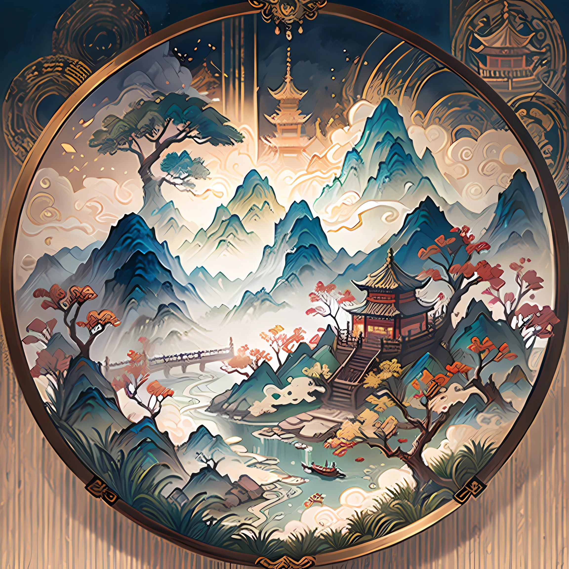 China in Ancient Paintings, In a circular frame, mountain ranges,ancient Chinese background, rivers, auspicious clouds, pavilions and towers, sunlight, masterpiece, super detailed, epic composition, ultra HD, high quality, extremely detailed, official art, unified 8k wallpaper, super fine detail, 32k. --v6