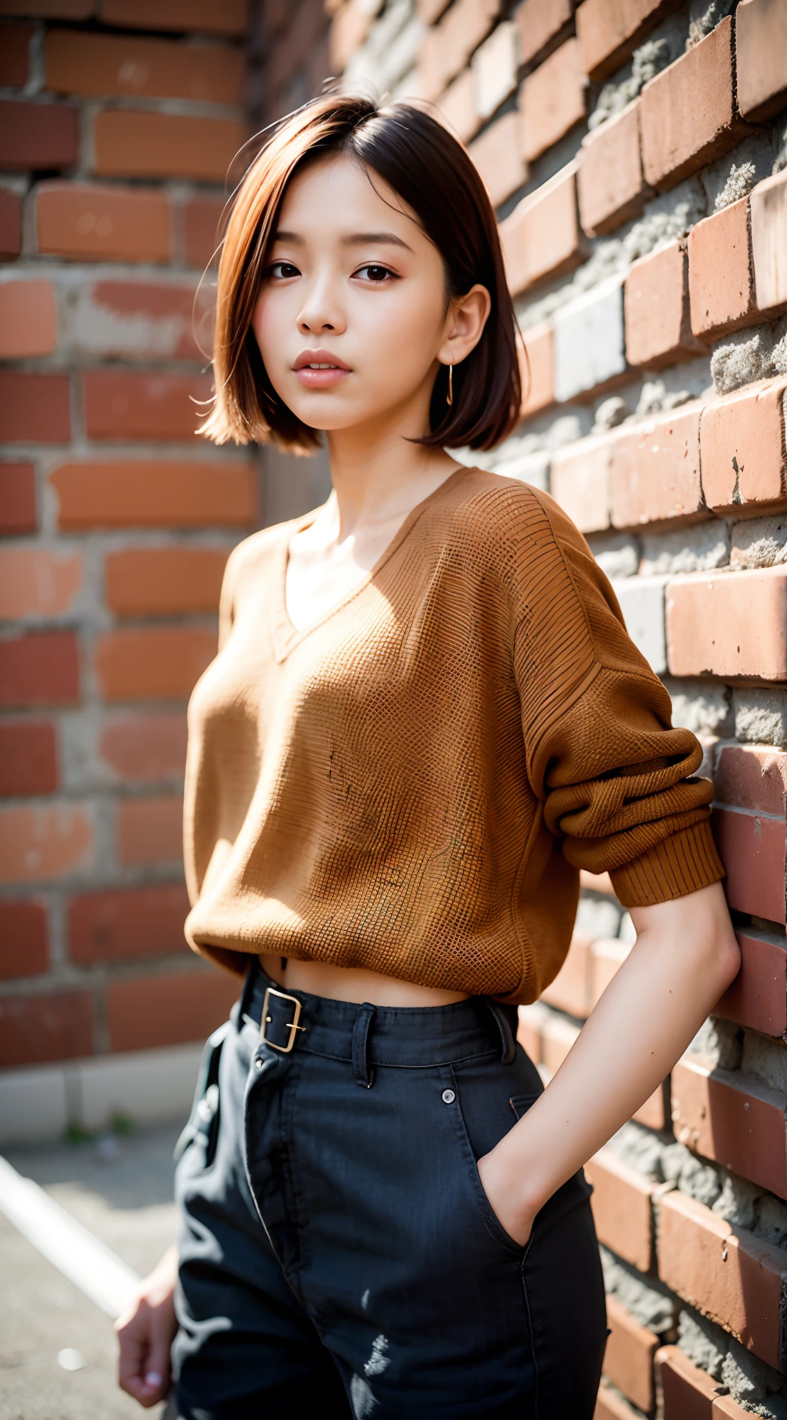 Araphedo woman wearing tan sweater standing against a brick wall, wearing v - neck top, korean female fashion model, Brown shirt, Mesh Shirt, elegant slim beige shirt, wearing a cute top, modern casual clothing, casual clothing style, Short sleeves, Brown sweater, fancy top, Wearing tight simple clothes, Beige, choi, 24MP, 2 4 MP、Random Poses、Model Posing