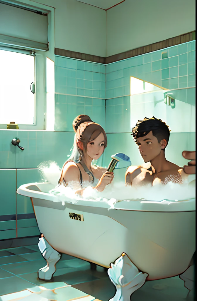 1 male, 1 female taking a bath together, sitting in bathtub, soaking in the bathtub, hotel background. Light is refracted through glass，in bathroom, Bubble bath, shampoo in girls hair.