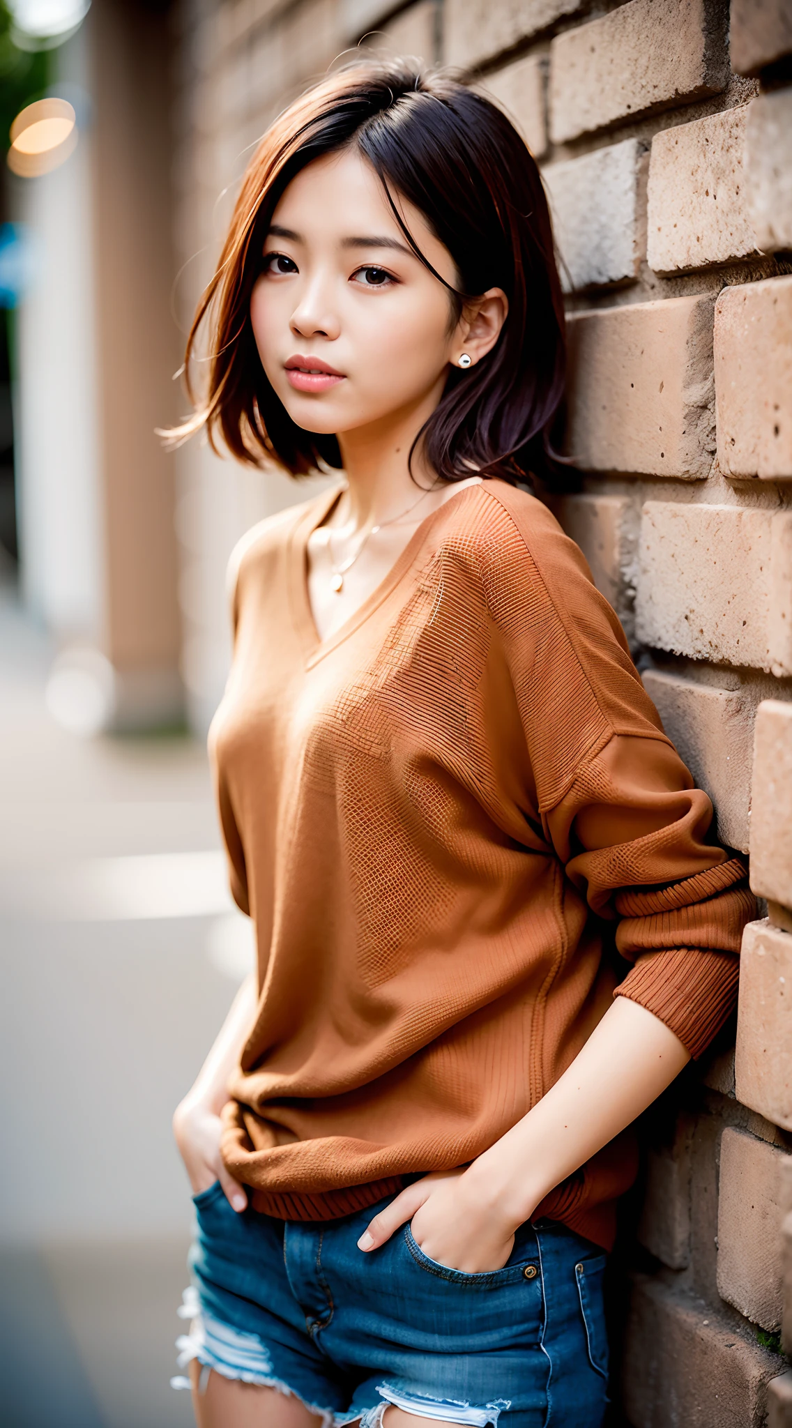 Araphedo woman wearing tan sweater standing against a brick wall, wearing v - neck top, korean female fashion model, Brown shirt, Mesh Shirt, elegant slim beige shirt, wearing a cute top, modern casual clothing, casual clothing style, Short sleeves, Brown sweater, fancy top, Wearing tight simple clothes, Beige, choi, 24MP, 2 4 MP、Random Poses、Model Posing