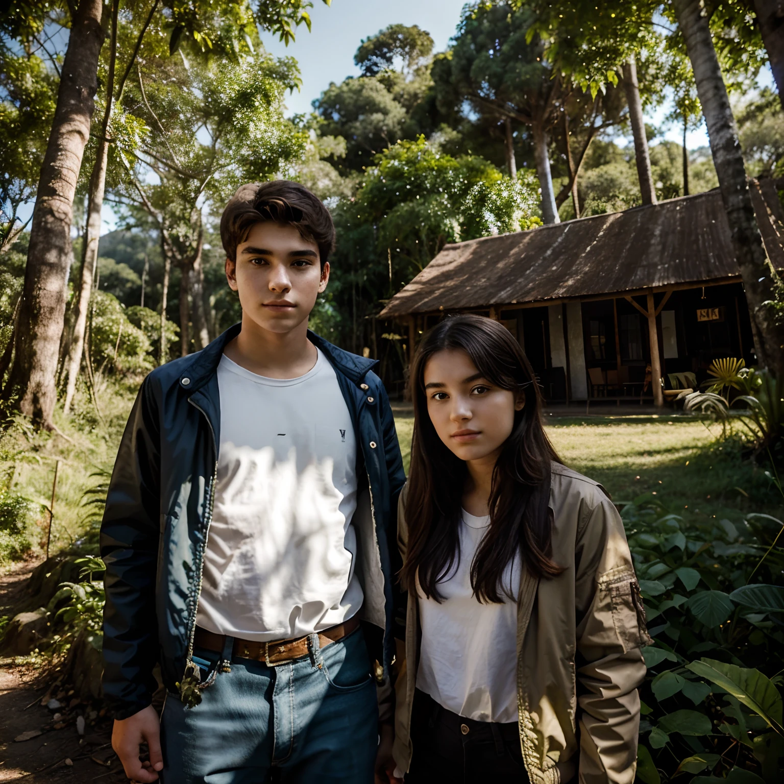 18 year old woman, 20 year old man, wearing jackets on mountains full of jungle trees in the afternoon in a cool atmosphere