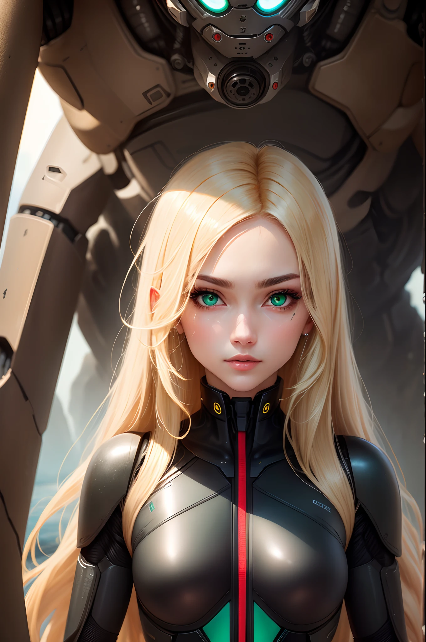 Long blonde hair, green eyes, three eyes, sci fi, android, humanoid, pretty