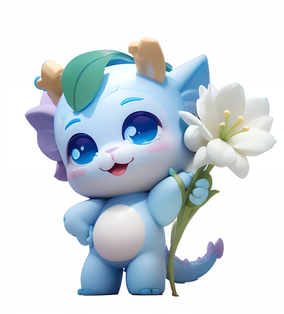 There is a cartoon blue dragon,Holding a flower in hand, a cute little blue dragon, telegraph stickers, cute little dragon, cute axolotl, telegraph stickers design, inspired by Luo Mu, cutecore, With flowers, Detailed fanart, inspired by Park Hua, Cute Characters C4D Modeling 3D Models Clay Materials Pastel Colors Q Version Blind Box Character Style Glossy Clean Background Uniform Colors Natural Transitions