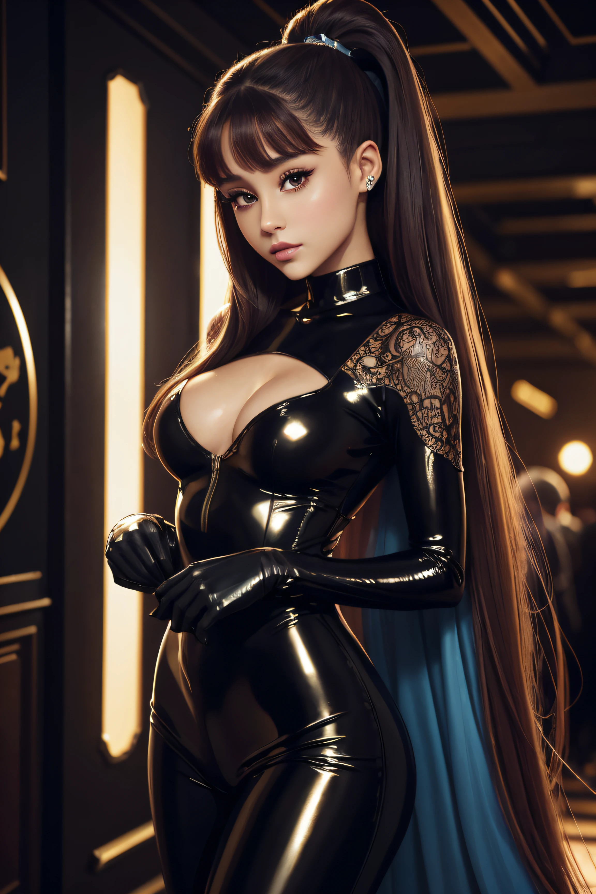 Ariana Grande, wearingelegant sexy latex clothes, standing inside a crowded ballroom, character portrait, 4 9 9 0 s, long hair, intricate, elegant, highly detailed, digital painting, artstation, concept art, smooth, sharp focus, illustration, art by wlop, charlie bowater and alexandra fomina