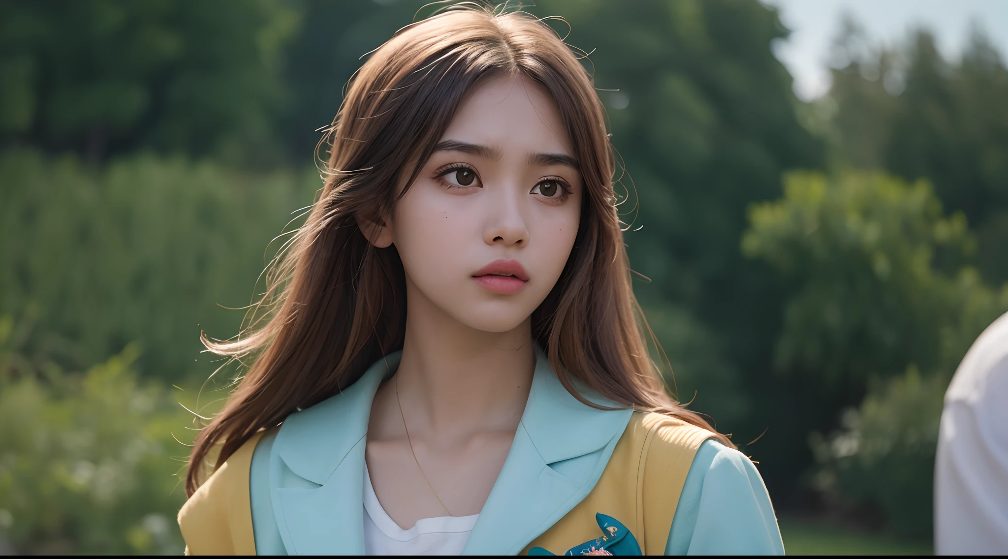Vogue style photo shoot of malay age girl as character RAMBO from the movie The Royal Tenenbaums pastel colored background in Wes Anderson style, hyper - realistic photography, Wes Anderson style, full body, 8k, close - up shot, close - up photo