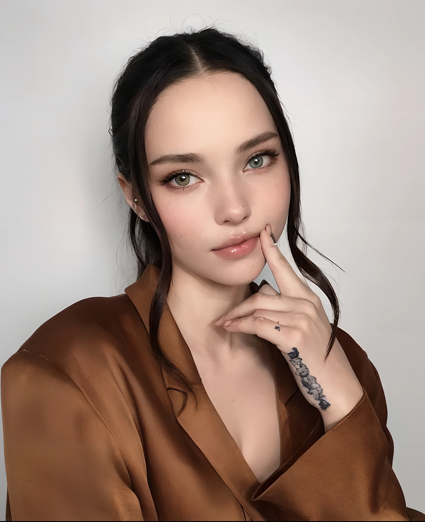 Un primer plano de una mujer con un tatuaje en la mano, Retrato Sophie Mudd, Estilo de Julia Razumova, Anna Nikolanova aka Newmilky, sonrisa sensual, Cara como Ester Exposito, with pale skin, Retrato de alta calidad, Modelo de Instagram, angelina stroganova, pale, shiny skin, Anastasia Ovchinnikova