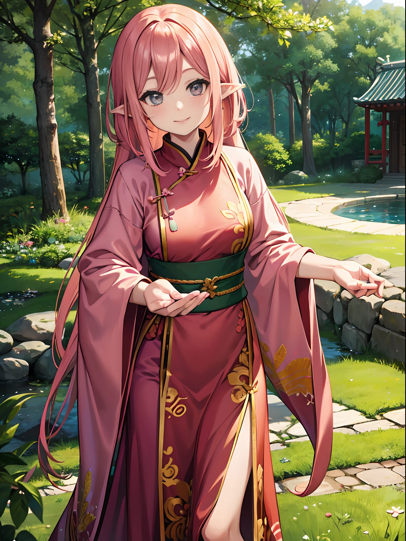 Salmon pink hair,elvish,animesque,childish,a beauty girl,movie,Mole in the right eye,A smile,Big eyes,Finely defined eyes,Playing mahjong,naturey,the woods,Chinese style costume,Five-fingered