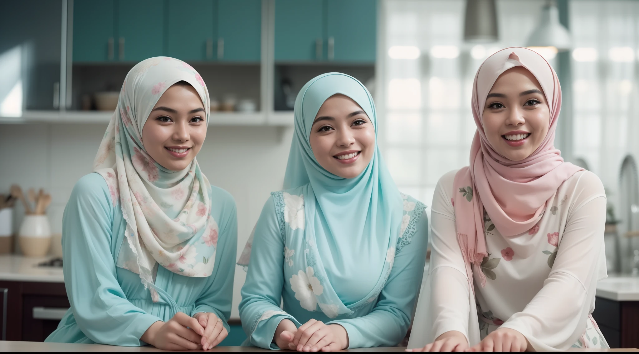 4 beautiful malay girl in pastel color hijab taking picture in modern kitchen, wear pastel blue and white floral pattern baju kurung, friendly and laughing situation, laughing, happy, modern pastel color kitchen, detailed skin texture, soft lighting, pastel color theme, high quality, movie shot framing, ultra detail, 8k, 8mm, Close-up shot, cool-toned color grading, depth of field, film noir, high quality, ultra detail, 8k resolution,