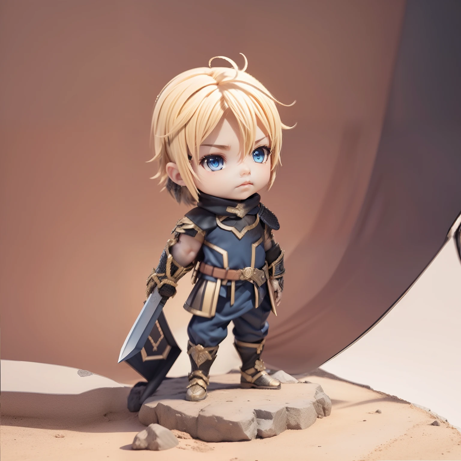 Cute baby chibi anime,(((chibi 3d))) ,Male warrior in armor,video game characters designs,A boy dressed as a warrior,expert high detail concept art,metal slug concept art,interesting character design,A man in a fantasy world in the Middle World,Equip a longsword,extra very short hair,blonde with blue eyes,Many parts,estilo fantasia,Cloak,Star element,Berserker,long trousers,(Leather armor:1.3),Leather belt,Fabric tops,Young adventurer,A long-sleeved top