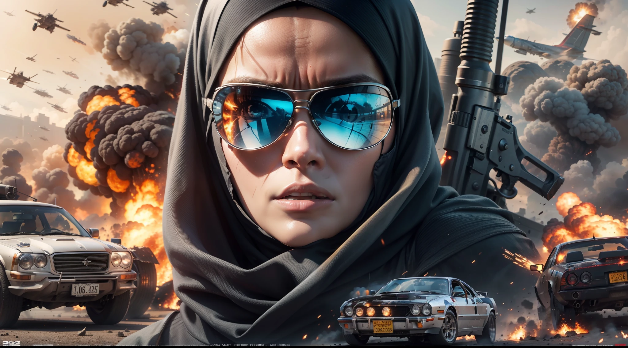 Terminator movie poster woman in hijab, explosions, guns, cars, planes, dramatic effect, hyper-realistic, 8k,
