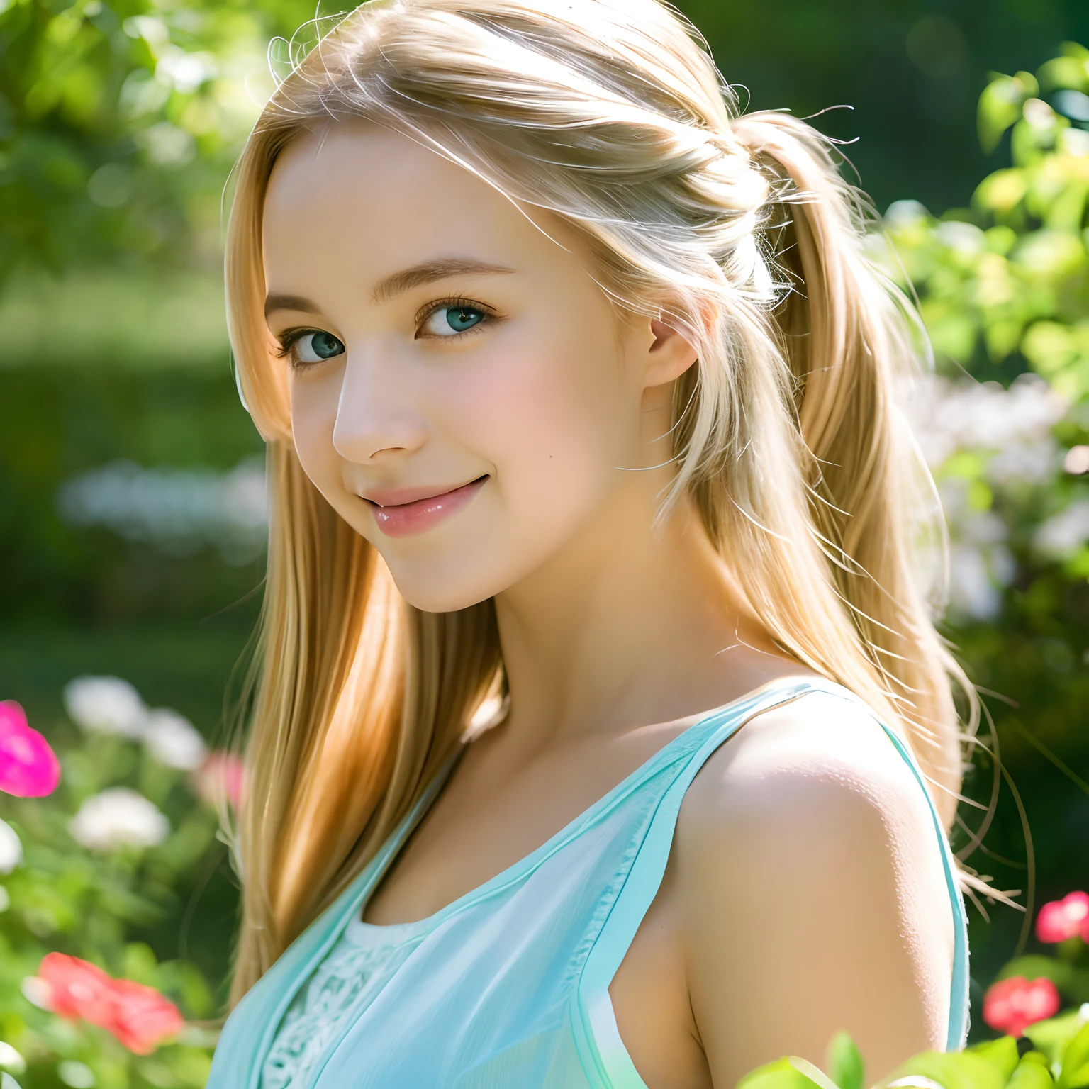 (a girl with)long blonde hair,(best quality,highres:1.2),vivid colors,sharp focus,natural lighting,portrait,beautiful detailed eyes,longeyelashes,bright blue eyes,wavy hair,flowing in the wind,soft and shiny hair,neatly combed hair,elegant hairstyle,(realistic,photorealistic:1.37),delicate features,fair skin complexion,rosy cheeks,natural makeup,subtle smile,graceful posture,blossoming flowers in the background,a sunny day in a garden,soft sunlight filtering through the trees,colorful butterflies fluttering around,green grass and vibrant flowers,peaceful and serene atmosphere,happy and carefree expression,happiness and joy,blonde beauty,A girl with long blonde hair is standing in a garden, enjoying the beauty of nature. She has beautiful detailed eyes with bright blue color, and longeyelashes that enhance her gaze. Her hair is wavy and flowing in the wind, with a soft and shiny texture. It is neatly combed into an elegant hairstyle. The portrait focuses on capturing the delicate features of her face, with fair skin complexion and rosy cheeks. The image is of the best quality and high resolution, with vivid colors and sharp focus. The lighting in the scene is natural, with soft sunlight filtering through the trees. The surroundings are filled with blossoming flowers, creating a colorful and vibrant atmosphere. Colorful butterflies can be seen fluttering around, adding to the beauty of the scene. The girl has a subtle smile on her face, reflecting her happiness and joy being in this peaceful and serene garden. The overall mood of the image is realistic and photorealistic, capturing the beauty of the blonde girl in a natural and graceful way.