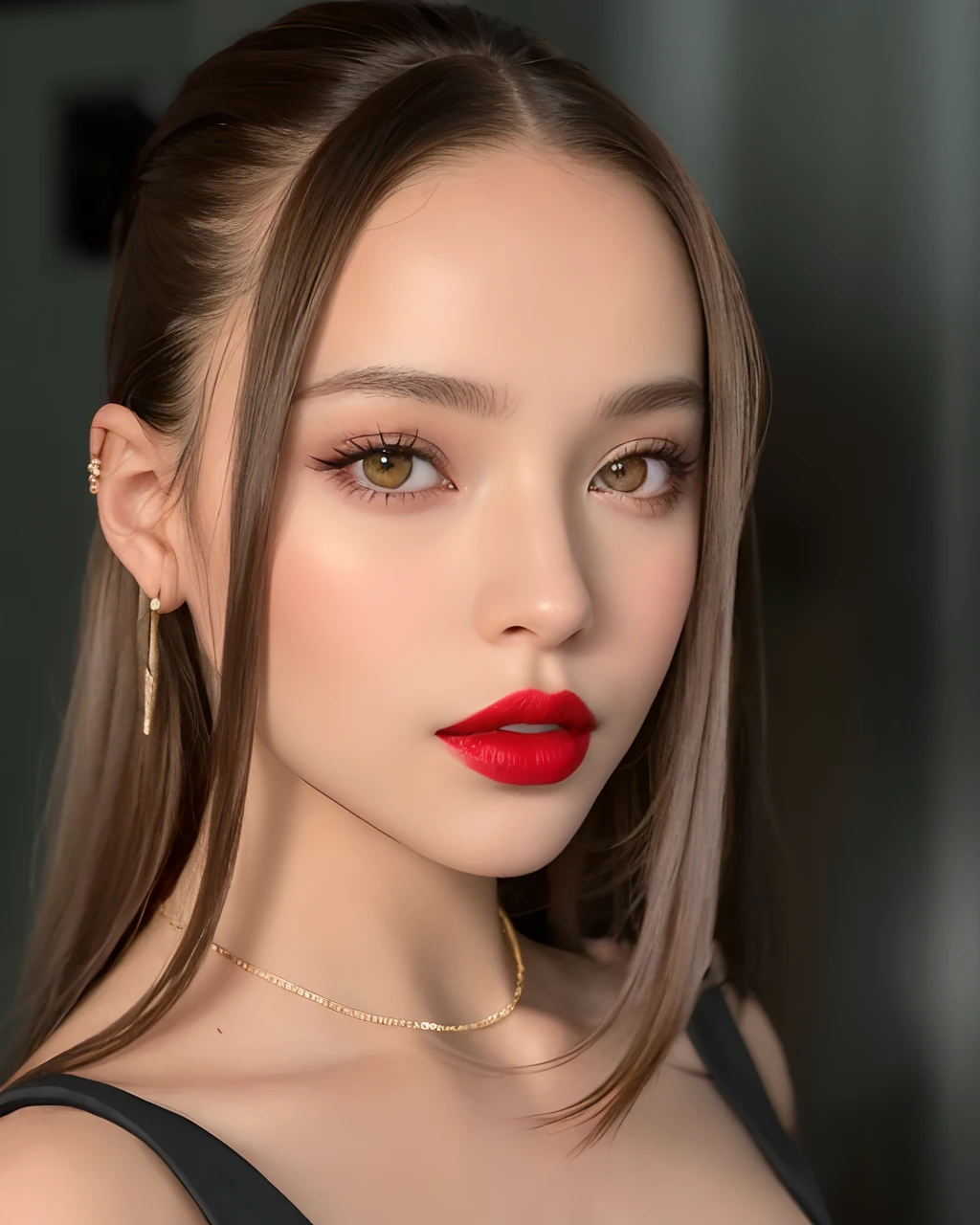 A close-up of a woman wearing a red lipstick and black dress, Retrato Sophie Mudd, small and thick red lips, labios rojos tenues, Cara como Ester Exposito, labios rojos, labios rojos gruesos, Estilo de Julia Razumova, Foto de perfil, red lipstick on face, 💋 💄 👠 👗, foto de perfil, hermosa poarch