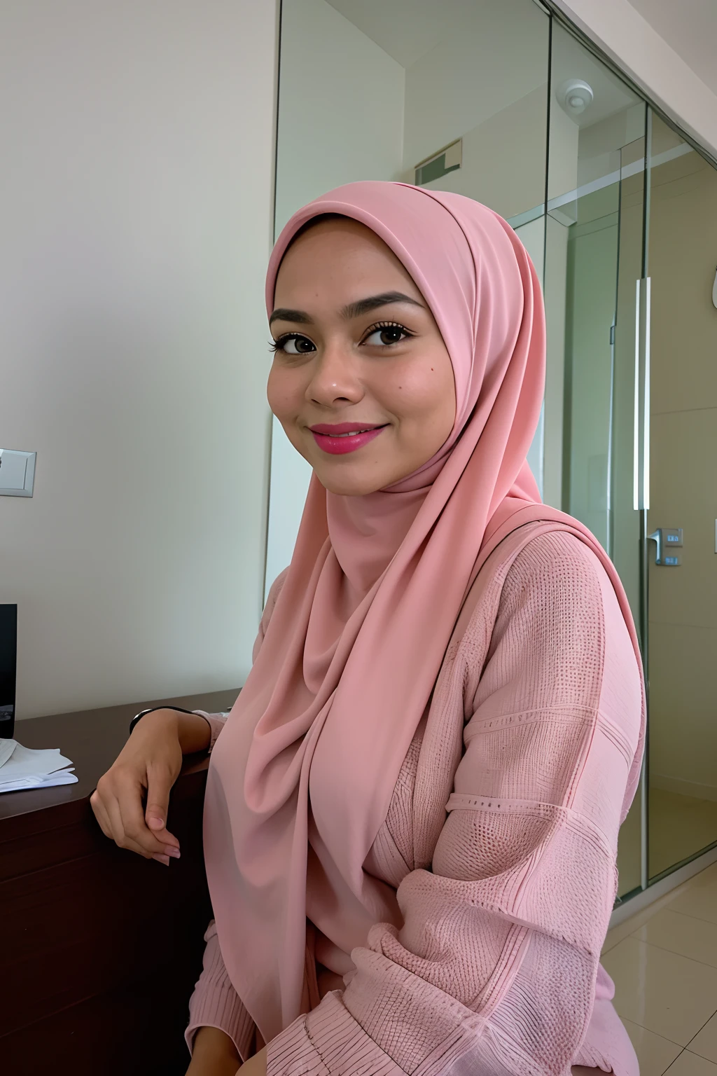 1 malay girl , modern plain pink hijab, smile, medium portrait shot , watery  eyes , wear white gamis malay tshirt and black sexy lingerie , white modern hotel bedroom background, bright front light, breast grab pose,simple cross necklace, ((closed clothes)),nude