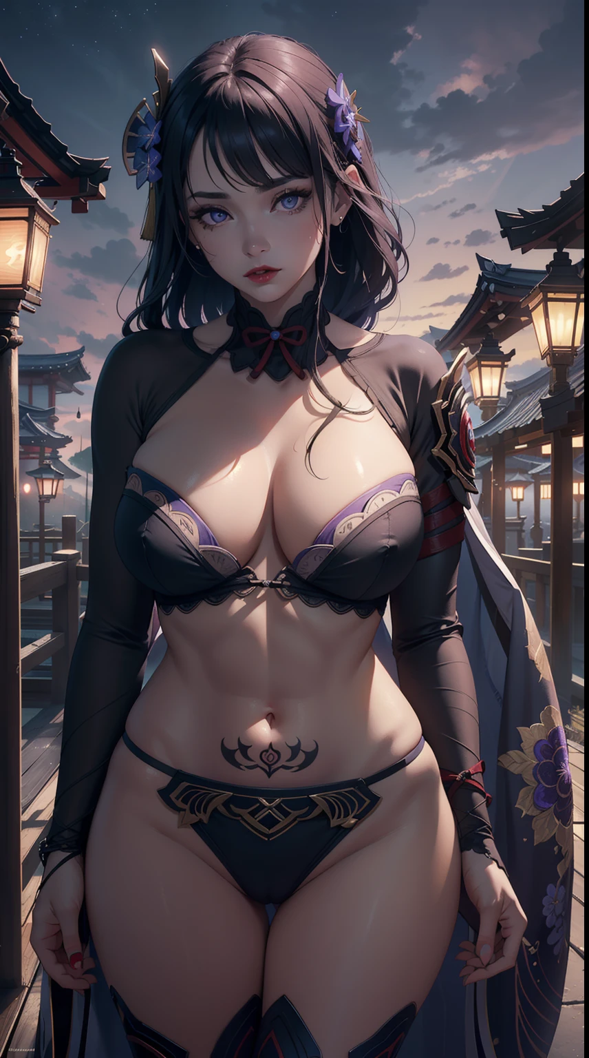 ((masterpiece)),(bestquality),((ultra-detailed)), ((beautiful detailed sky)), ((cinematic lighting)), depth of field, (dynamic angle),detailed lighting,(beautiful detailed eyes),outdoors, red lip, navel, (pubic tattoo), eyeshadow,large breast, sexy, cleavage, raidenshogundef