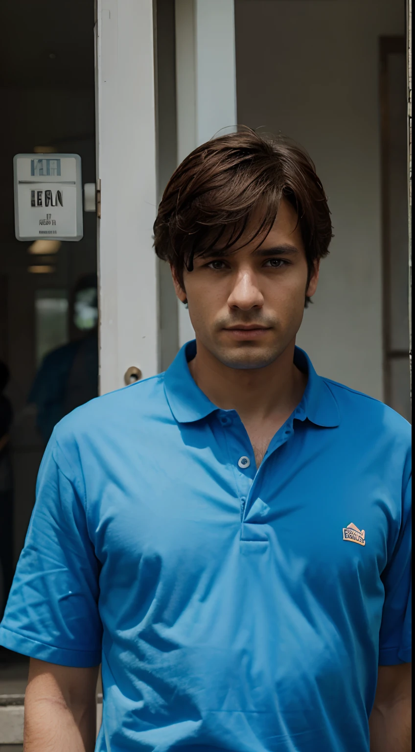 The man wears a blue ,