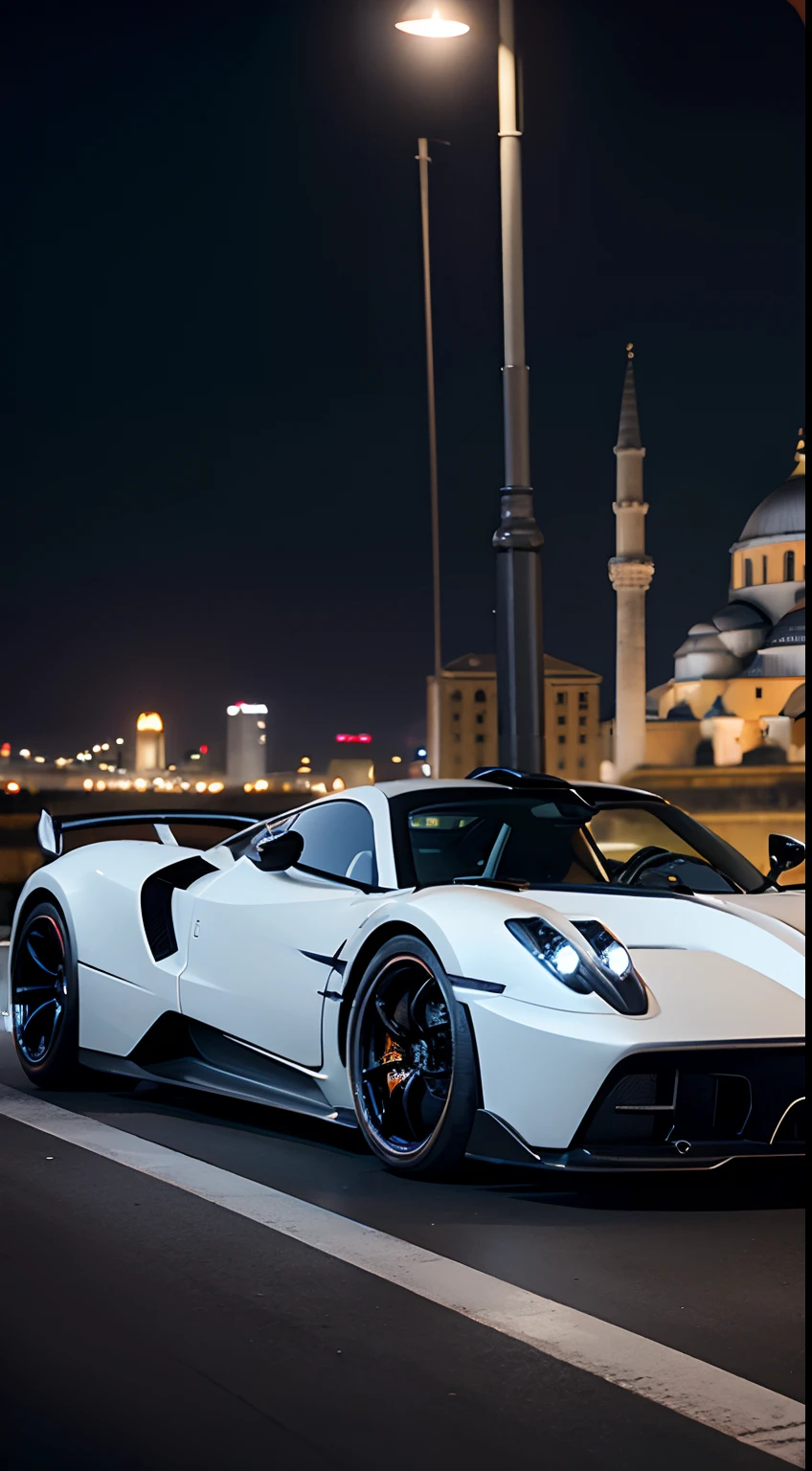 A Pagani sports car，Body sides，professional photoshooting，k hd，4k，tmasterpiece，nigth，Hagia Sophia Church background（1.3），lamplight（1.2），Speeding，Cyberpunk style