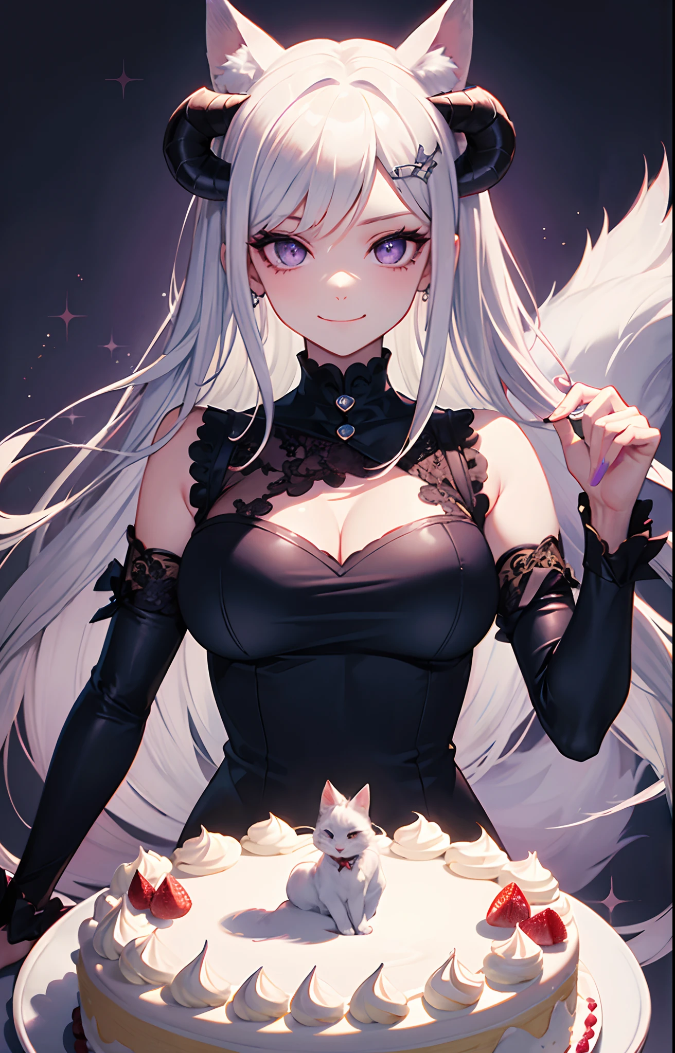white colored hair,white fox ears, higly detailed,high detailed eyes,Correct anatomy,The best picture quality,Drawing of a woman with horns and cat ears, anime cat girl, digital art from danganronpa, Devil, white - haired fox, White Fox, catgirl, Anime Cat, white fox anime, White long hair,Purple Bright Sparkling Eyes,Sinister Purple Eyes,Sinister smile,seductive,Revealing clothes,Black horns,holiday,birthday party,a cake