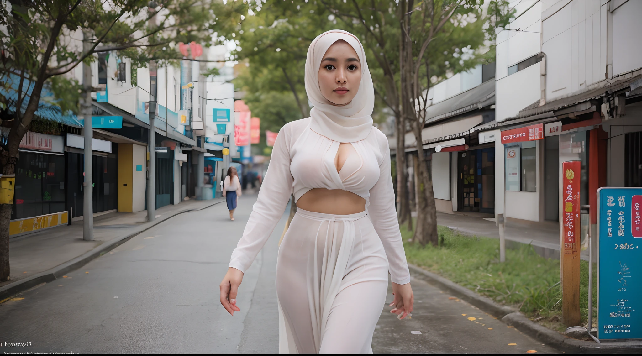 Photorealistic of Malay girl in hijab wearing white baju kurung walking in a japan city street in the morning, catwalk, sweating, wet body, very big sagging breast, very saggy breast, slim waist, wide hips, big round ass, thick thighs, thick leg, short girl, photo taken using Panavision DXL2, 28mm lens, close up shot, bright pastel color grading, bokeh, cinemascope, drama, high quality, ultra detailed, 8k resolution,