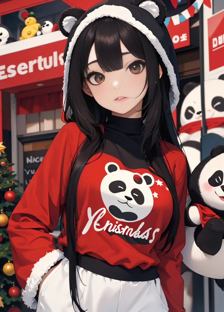 1mujer, sentada, abrazando a un oso panda de peluche, Sudadera de Navidad, Cabello OSCURO, cabello lacio, Cabello largo, brown eyes, Copos, Nevando. Luces de Navidad. 8K resolution, big eyelashes, Christmas Circle. HDR. Full-color RAW camera. vivid colors, cuerpo completo. centro, Lente ojo de pez. sticker, Logotipo. VECTORES.