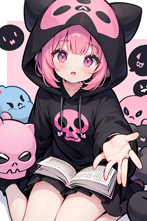 The prompt is to create graphic artwork of a Sanrio character named Kuromi, (wearing a black hood with a pink skull symbol:1.3). Kuromi is a tomboy, but she is also very girly and loves handsome boys. Kuromi's birthday is 31 October, and her favourite food is pickled leeks. She also likes to read romance novels. Kuromi is popular with people aged -25, .