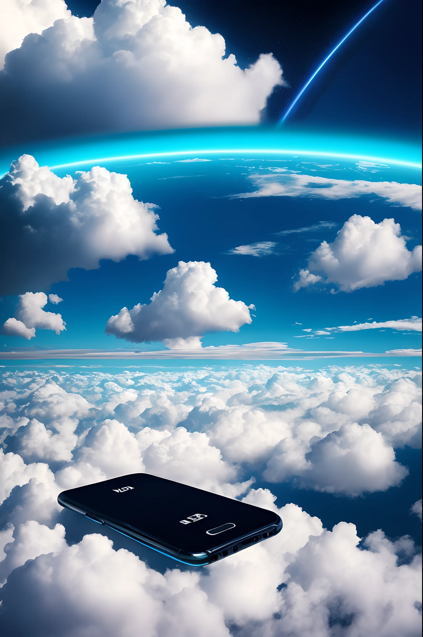 tmasterpiece,Best quality at best,high high quality,extremely detaile,8K,Close-up of a mobile phone in the cloud, smartphone, A mystical environment, Technology meets fantasy, Futuristic phone,surrounded in clouds and light, Mobile phone in the air, sitting on the cosmic cloudscape, Otherworldly technology, High-tech mobile phone,on cloud,This image shows a black phone,The brand of the phone is Nokia,The screen time on the phone is 6:08,The phone screen background is blue,There is a mobile phone floating in the clouds, Magic portal in the sky, Technology meets fantasy, phone photo, cell phone, cloud storage, 3840 x 2160, 3840 x 2160, cellular phone, lie on white clouds fairyland, Handheld, future-tech, mobile, surreal clouds, shutter inventory