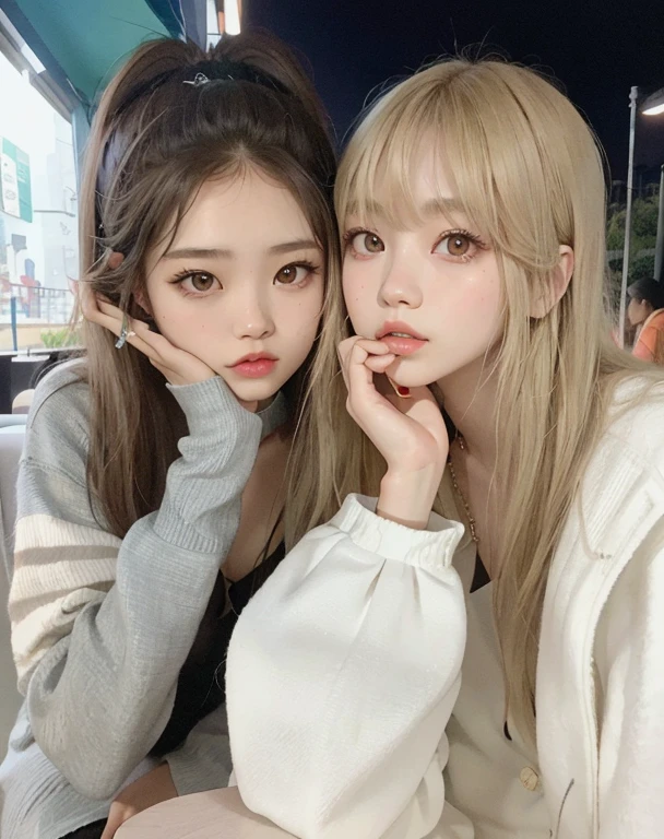 Dos chicas posando para una foto en un restaurante, Lalisa Manobal, Lalisa Manoban de Blackpink, Parque Roseanne de Blackpink, ulzzang, Nixeu y Sakimichan, Jossi de Blackpink, rosa negro, con flequillo, tzuyu de dos veces, Cabello largo con flequillo completo, KDA y Sam Yang, Jaeyeon Nam, dos veces