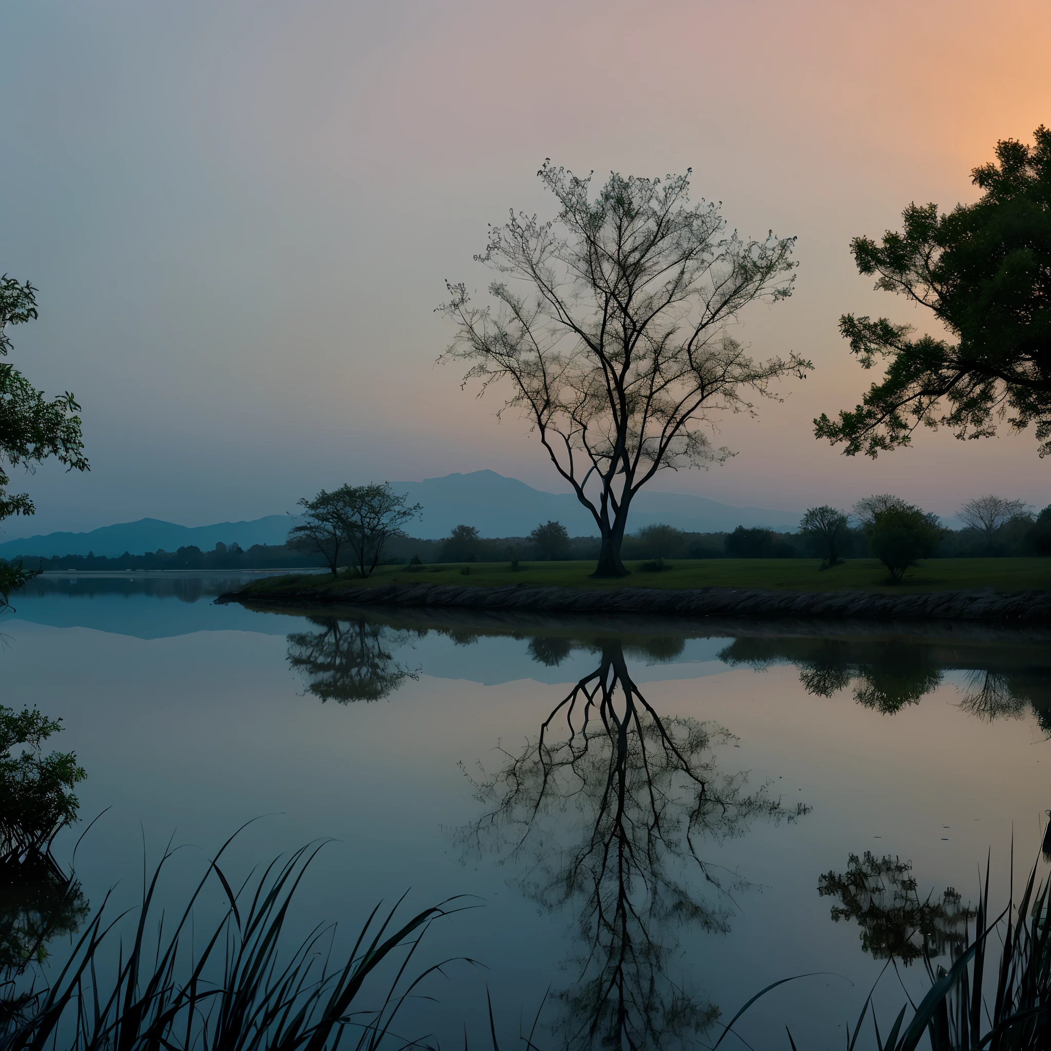Glistening, lake, mirror-like, reflections, tranquil, dusk.